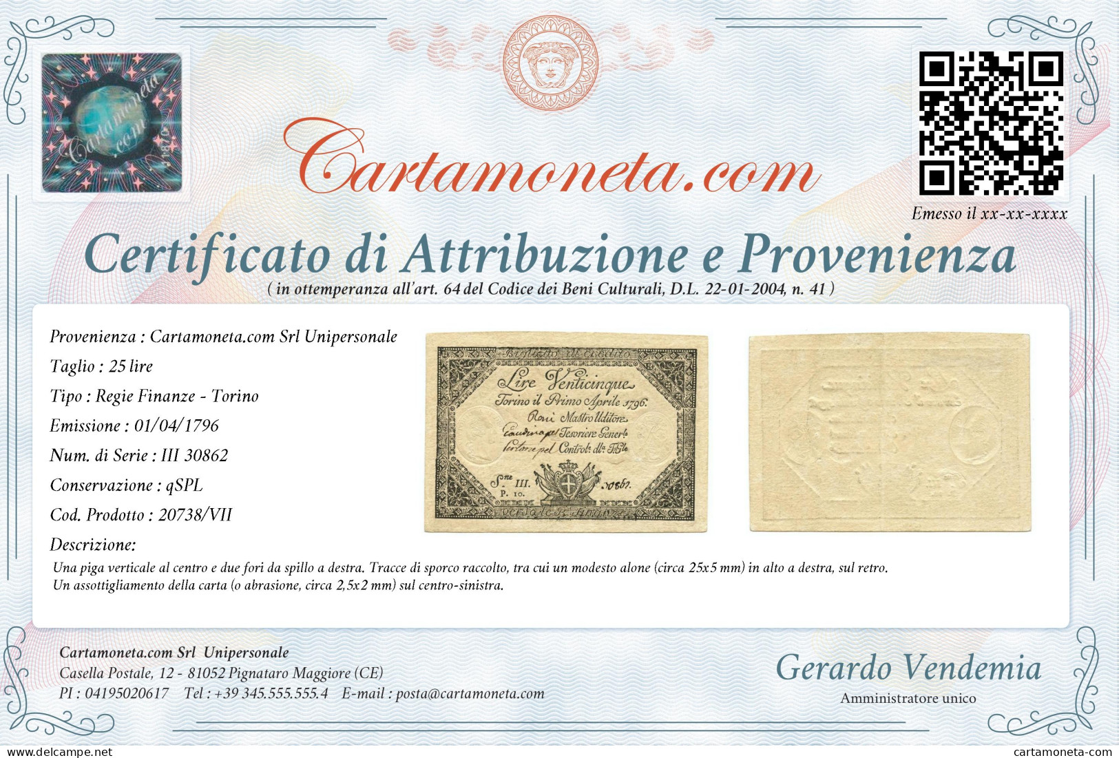 25 LIRE REGIE FINANZE TORINO REGNO DI SARDEGNA 01/04/1796 QSPL - Autres & Non Classés