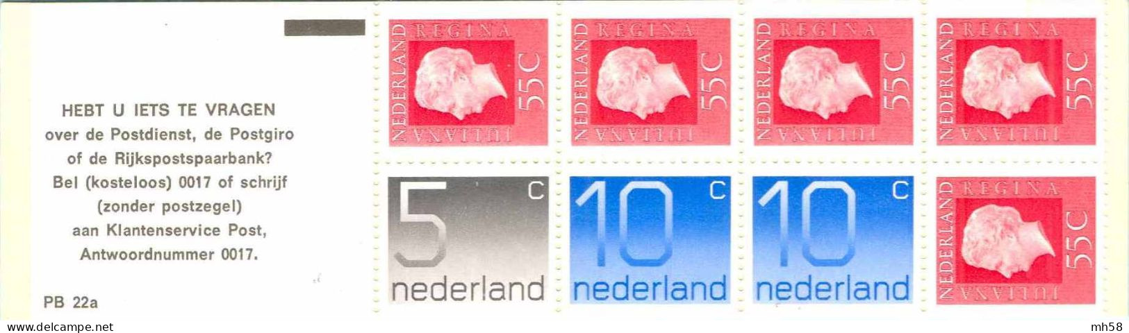 PAYS-BAS NEDERLAND 1976 - Carnet / Booklet / MH Indice PB 22a - 2 G Chiffre / Juliana - YT C 1042b II / MI MH 23 - Carnets Et Roulettes