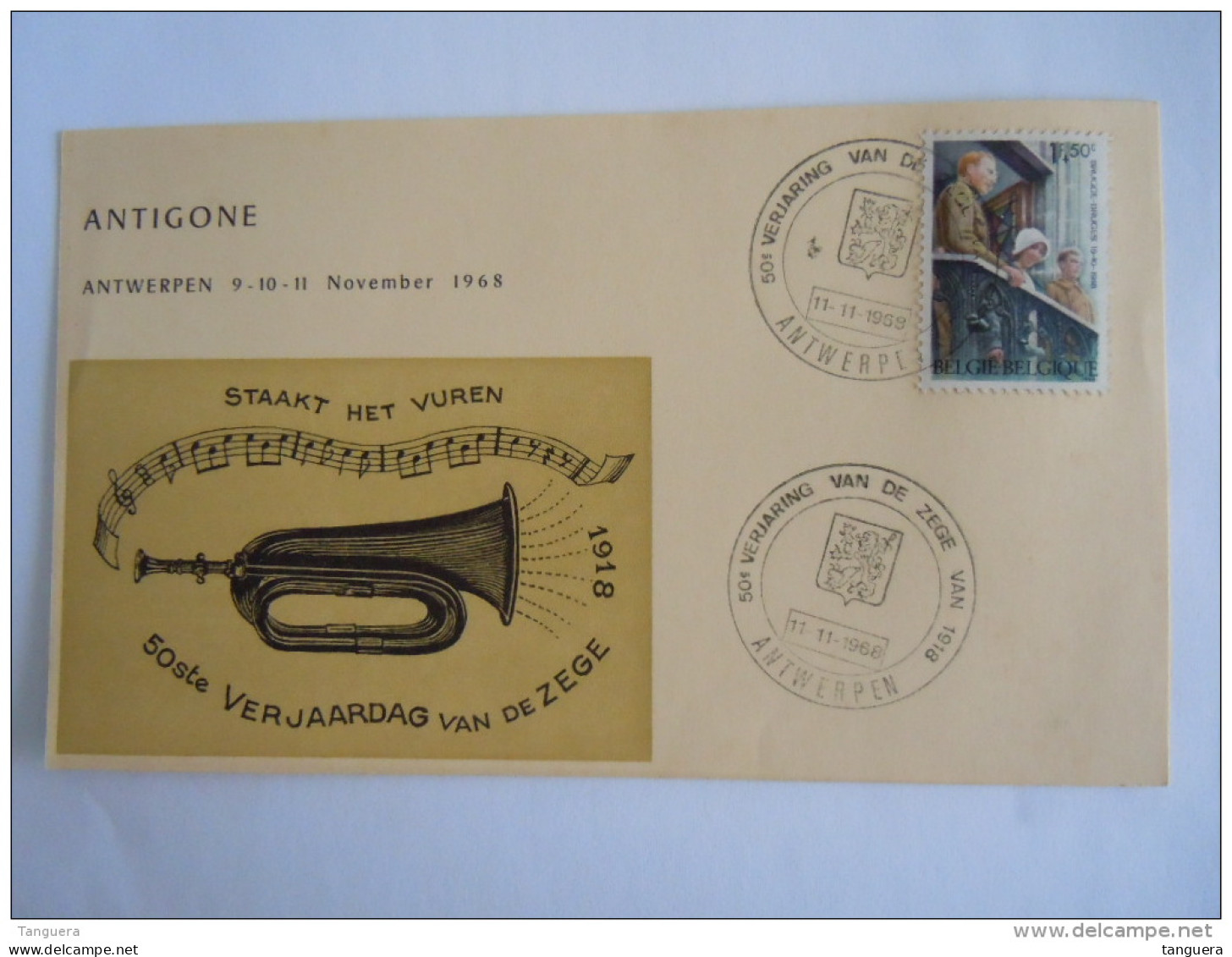 Belgie Belgique Herdenkingskaart Antwerpen 11.11.1968 50ste Verjaardag Van De Zege Staakt Het Vuren Bugel - Cartes Souvenir – Emissions Communes [HK]