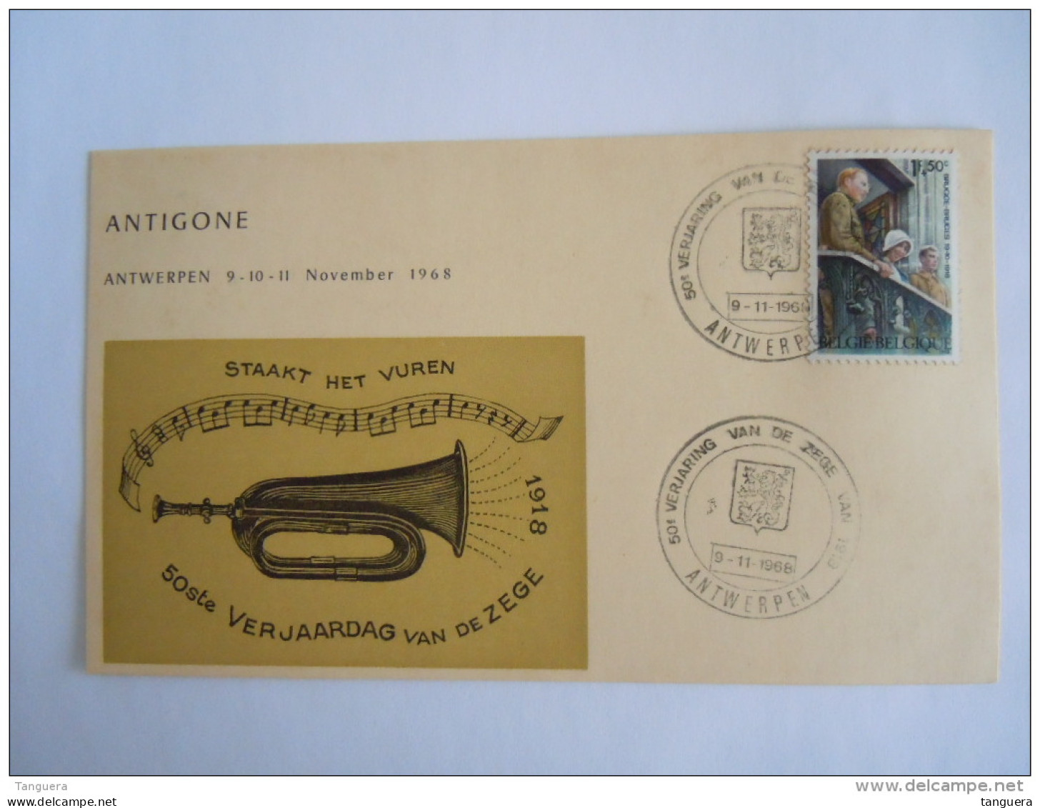 Belgie Belgique Herdenkingskaart Antwerpen 9.11.1968 50ste Verjaardag Van De Zege Staakt Het Vuren Bugel - Cartoline Commemorative - Emissioni Congiunte [HK]