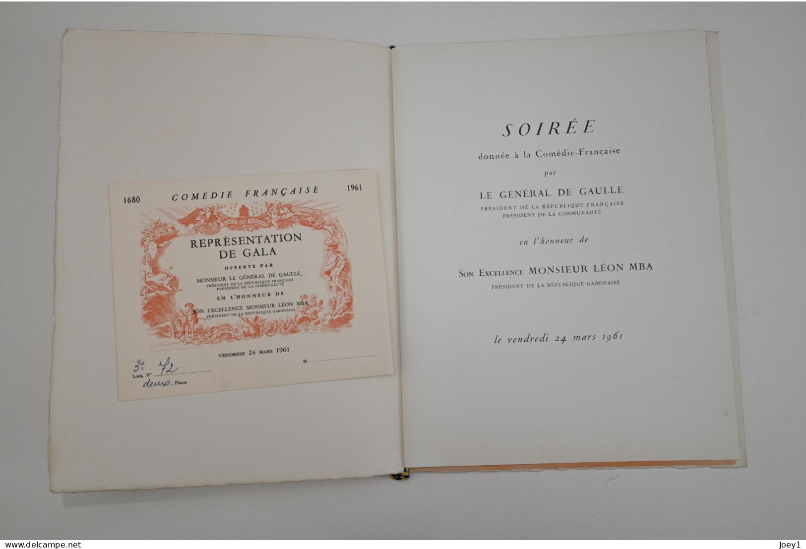 Soirée Du Général De Gaulle à La Comédie Française En L'Honneur Du Président Léon Mba Président Du Gabon , 24 Mars 1961 - Programmi