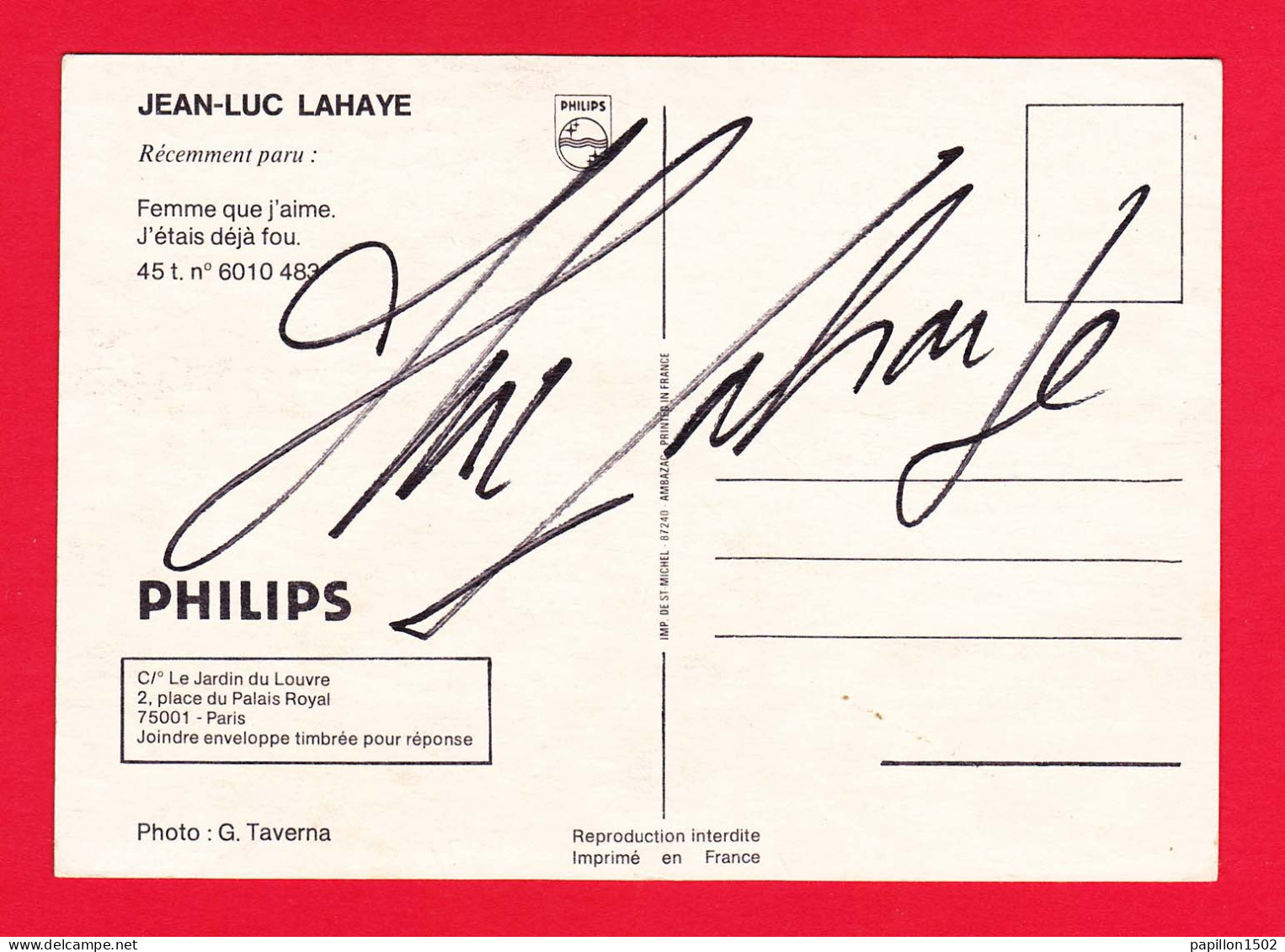 Artiste-37PH13 Jean-Luc LAHAYE Avec Autographe Original - Musica E Musicisti