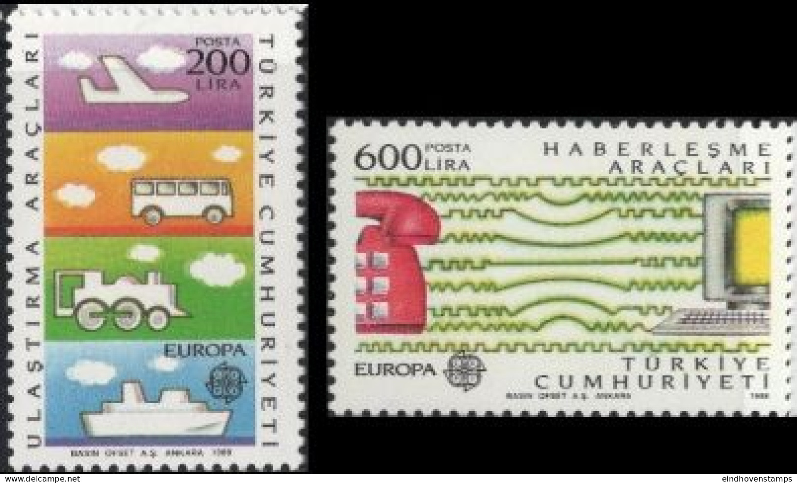 Turkey 1988 Communication 2 Values MNH Cept, Plane, Ship, Autobus, Locomotive, Telephone, Computer - Telecom