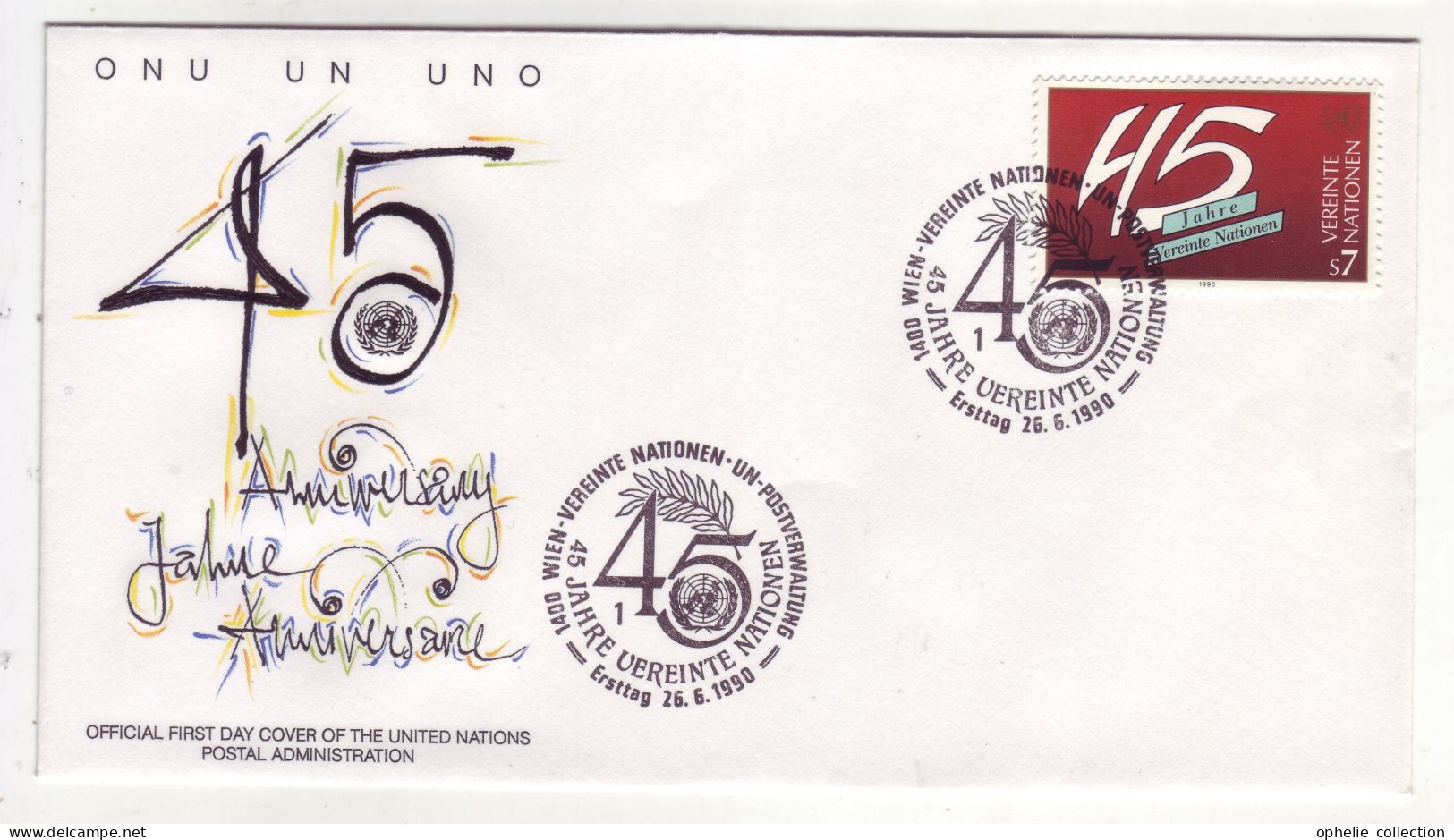 Nations Unies - Vienne FDC - 26/10/1990 - 45 Jahre Vereinte Nationen-  M321 - Usados