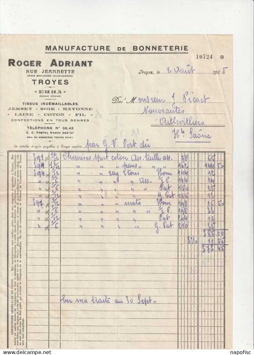 10-R.Adriant..Manufacture De Bonneterie..Troyes...(Aube)....1935 - Textile & Vestimentaire