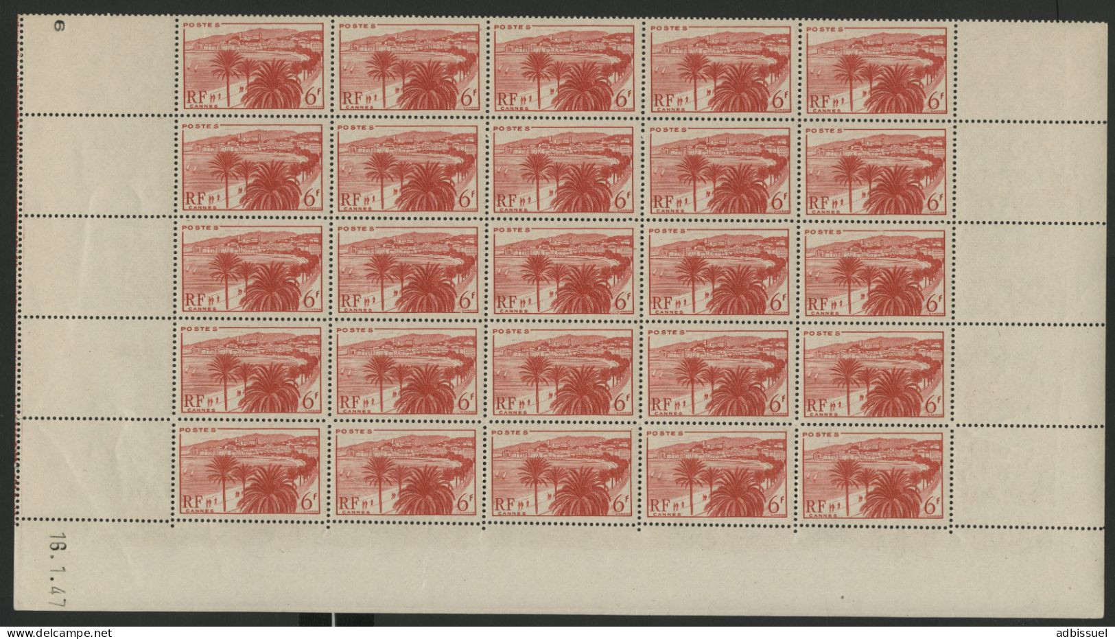 N° 777 6 Fr CANNES Panneau De 25 Ex Neufs ** (MNH) Cote 37,50 € + Coin Daté 16/1/47 - Full Sheets