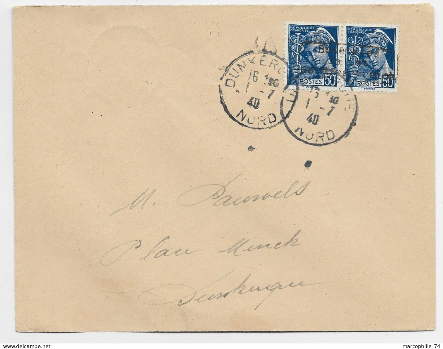 FRANCE MERCURE 50C PAIRE  LETTRE BRIEF BESETSTES NORD DUNKERQUE 1.7.1940 NORD POUR DUNKERQUE - Guerre (timbres De)