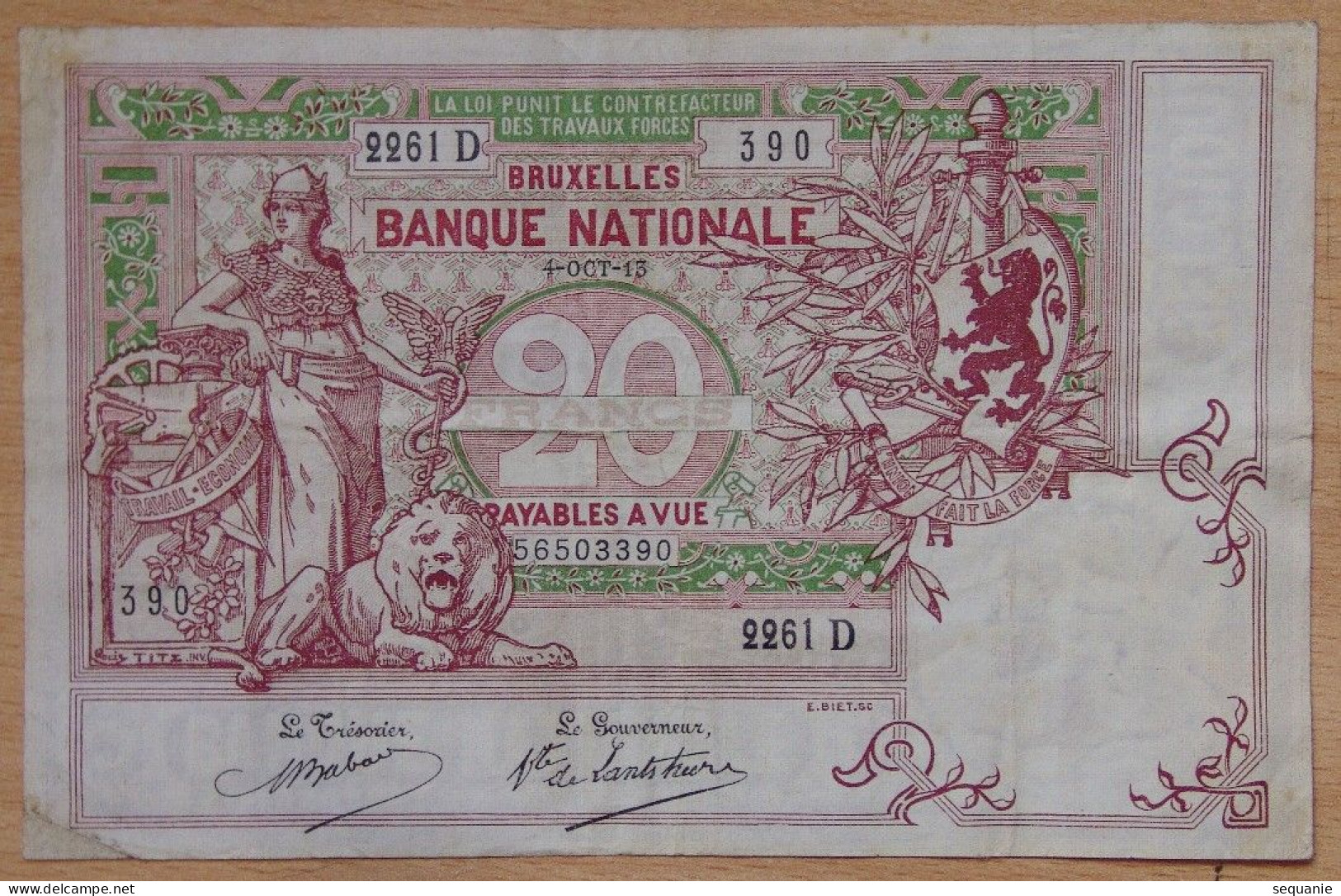 Billet Belgique - 20 Francs Banque Nationale Bruxelles 4 Octobre 1913 - 5-10-20-25 Francs