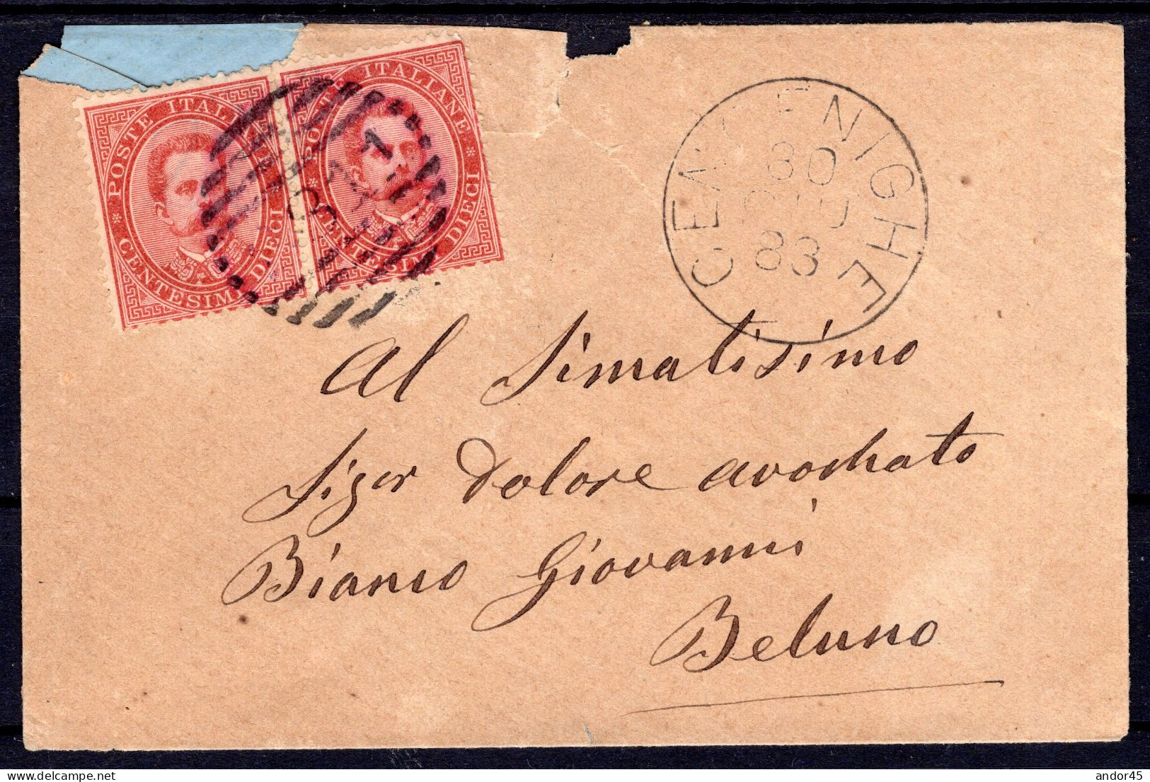 1883 30 GIU COPPIA DEL  C.10 SASS.38 "EFFIGIE DI UMBERTO I"USATO SU BUSTA DA  CENGENICHE   X BELLUNO  MOLTO BELLA - Poststempel