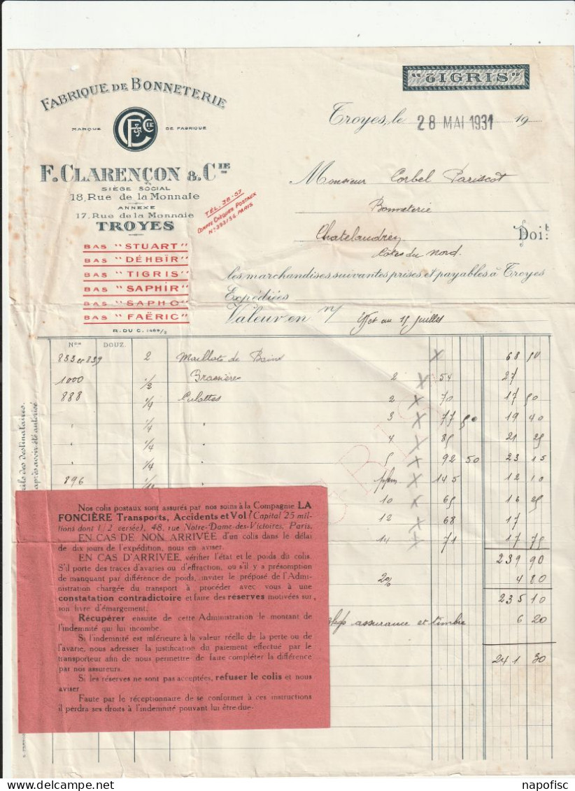 10-F.Clarençon & Cie...Fabrique De Bonneterie...Troyes...(Aube)....1931 - Textile & Vestimentaire