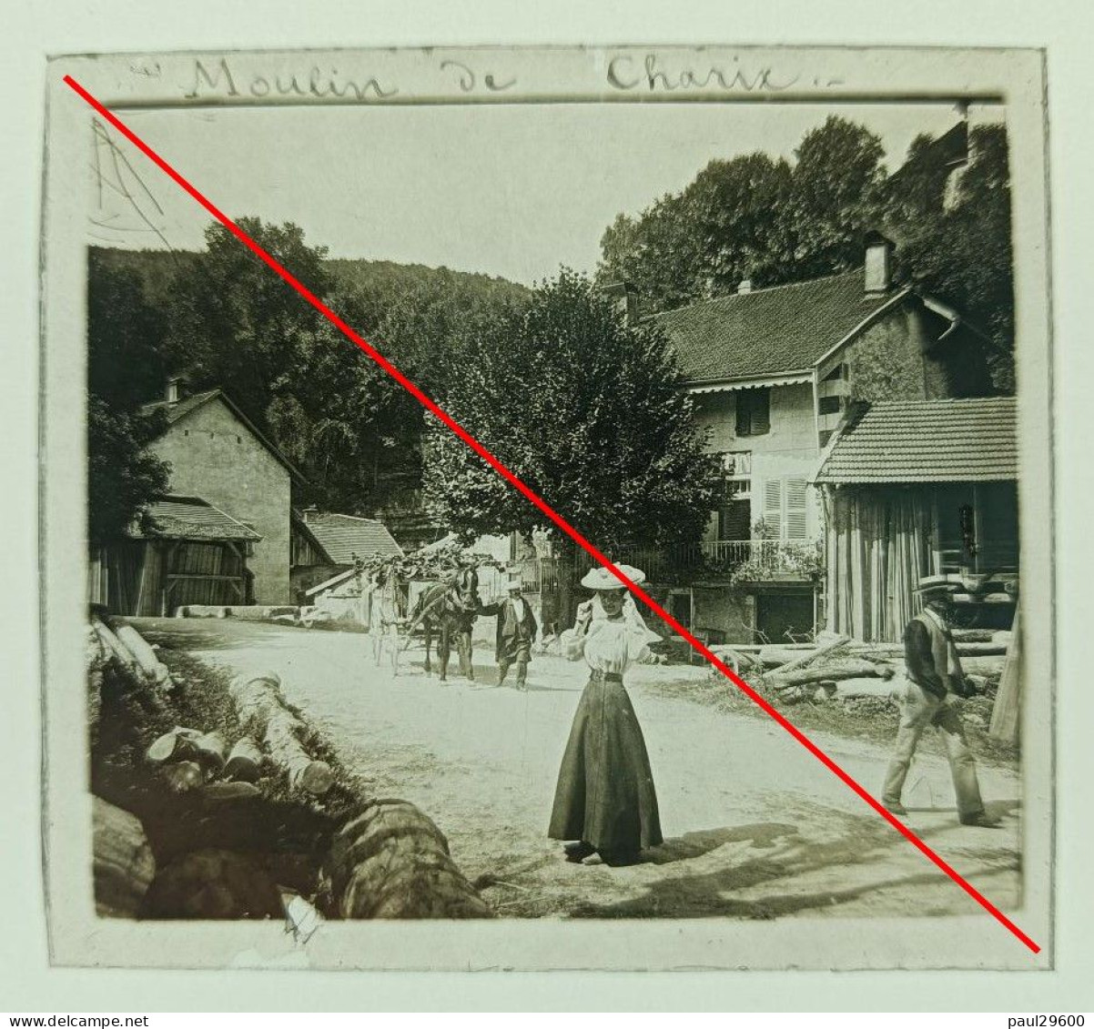Photo Sur Plaque De Verre, L'ain, Moulin De Charix, Village, Maison, Rue, Attelage, Hangars, Bâtiments, Années 1930. - Glass Slides