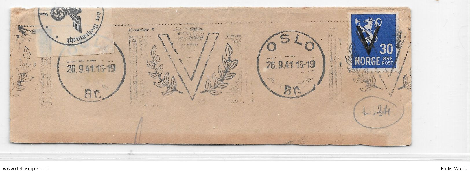 WW2 NORGE NORVEGE NORWAY 1941 Fragment Devant Lettre Oslo V Overprint Surcharge 30 C LION + Cancel Germany Censorship - Storia Postale