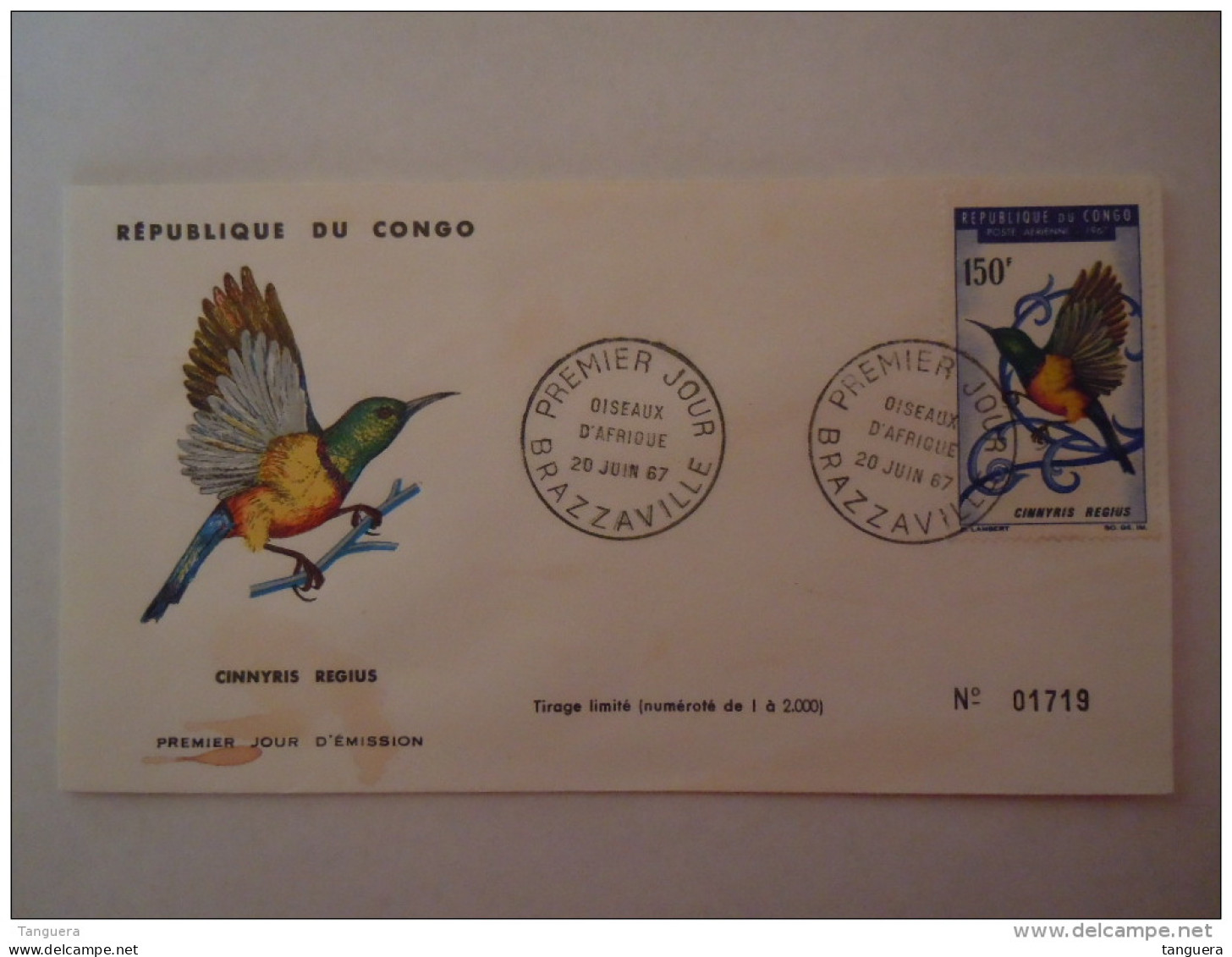 Congo Republique Populaire Brazzaville 1967 FDC Vogel Oiseau D'Afrique Cinnyris Regius PA 50 Tache Vuil - FDC