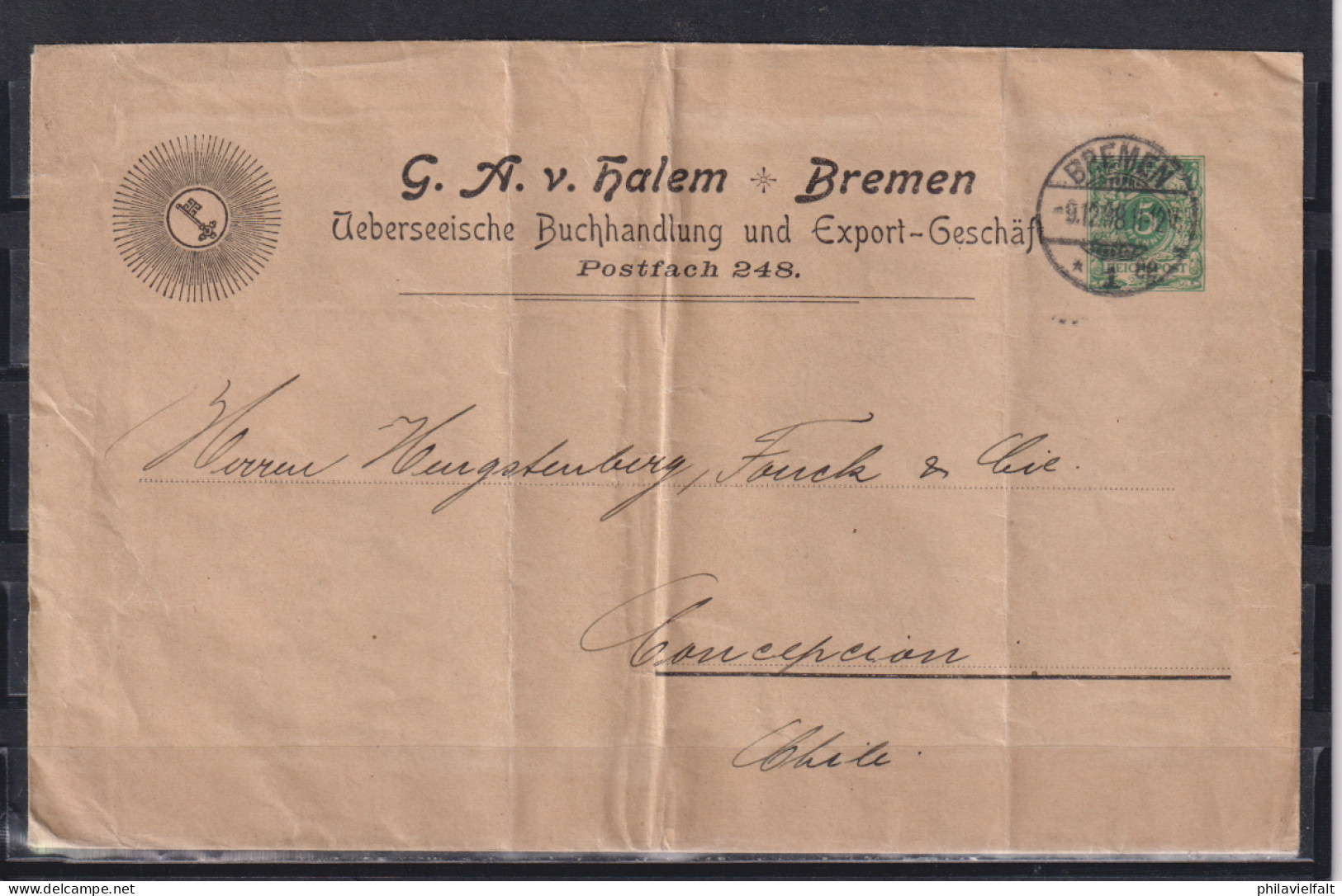 Dt.Reich Privatumschlag MiNo. PU 18 " G.A.v.Halem Bremen .." 9.12.98 Nach Chile, Postsackspuren - Covers