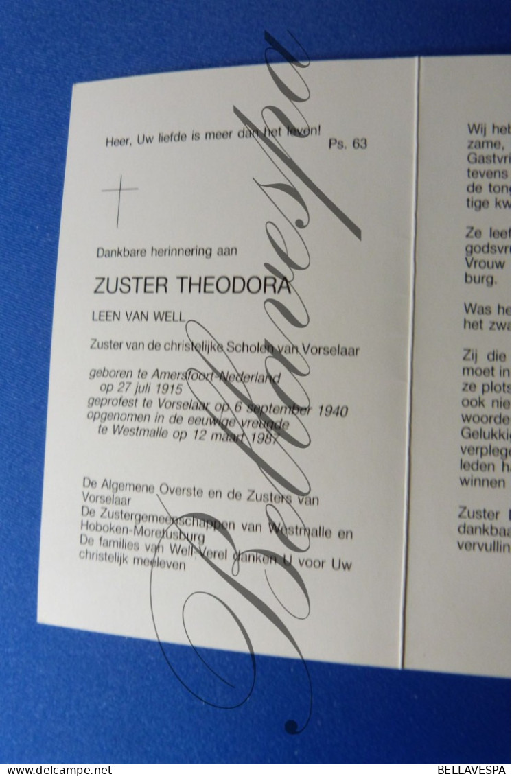 Zuster Theodora Leen VAN WELL Vorselaar Amersfoort Nl 1915 Westmalle 1987 - Obituary Notices