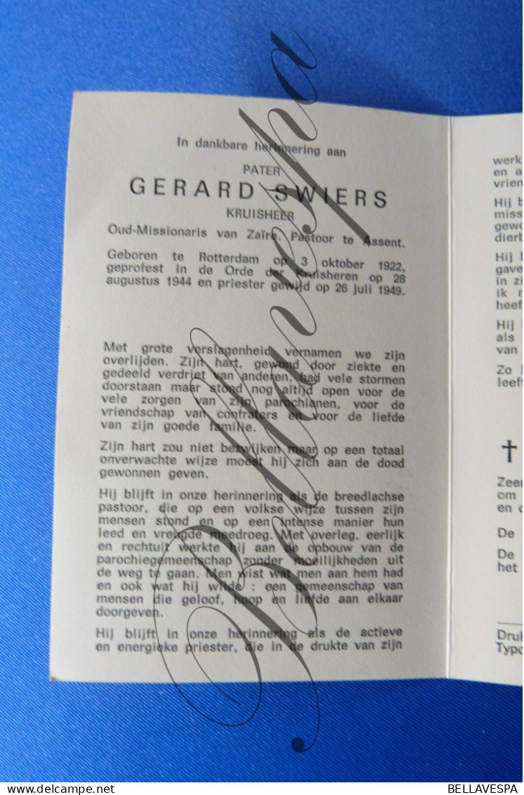 Pater Gerard SWIERS-fam Boogmans  Missie Congo Pastoor Te Assent Rotterdam 1922 Kruisheer Dekanaat Diest - Obituary Notices