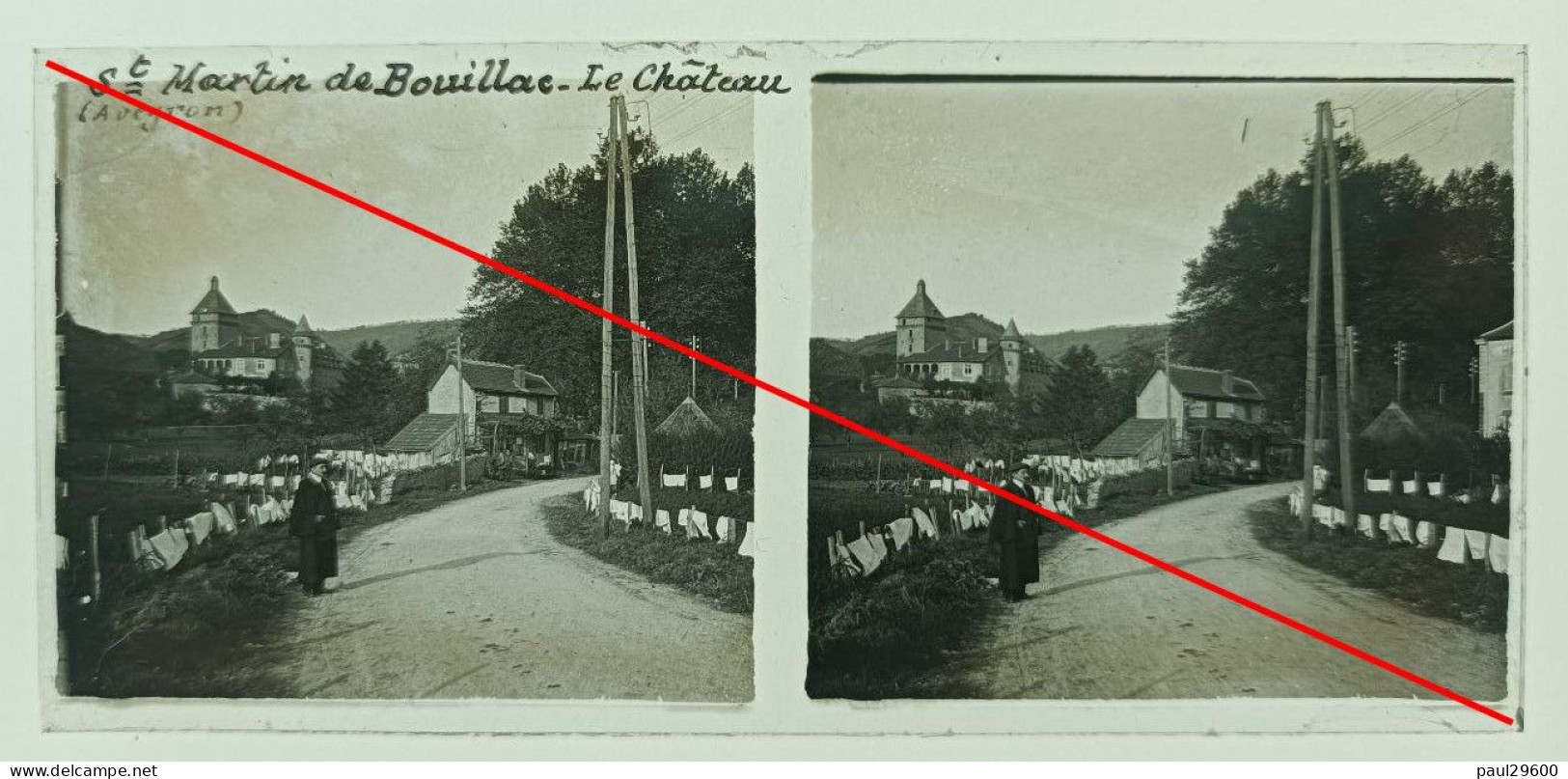 Photo Sur Plaque De Verre, Aveyron, Saint Martin De Bouillac, Le Château, Rue, Maison, Linge, Homme, Champs, Années 1930 - Diapositiva Su Vetro