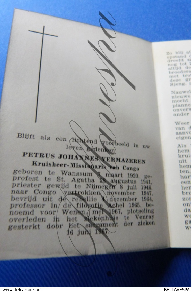 Petrus Johannes VERMAZEREN Kruisheer Missionaris Missie Congo Wanssum 1920 St Agatha Nijmegen  Venray 1967 - Décès