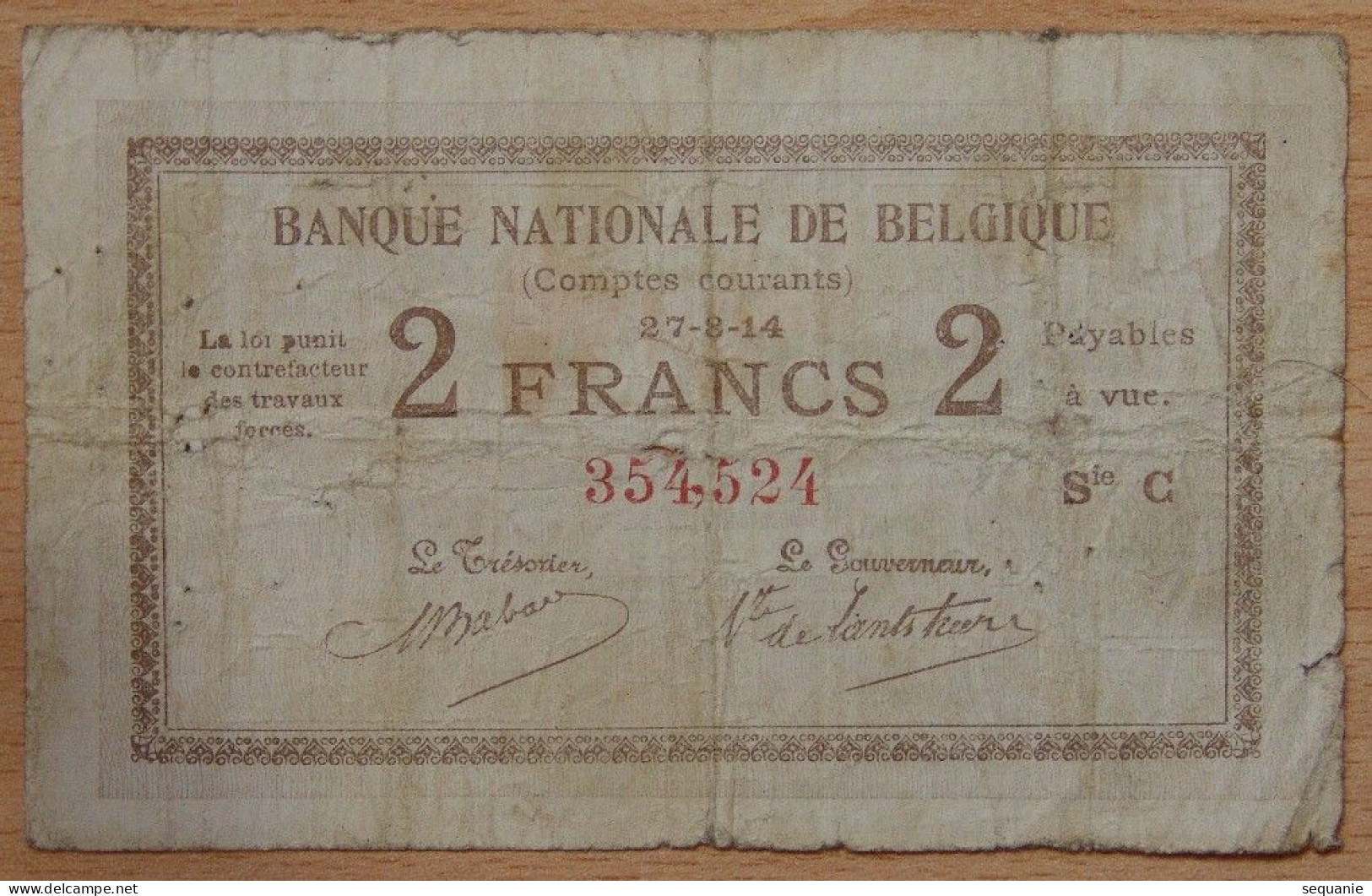 Billet Belgique - 2 Francs Banque Nationale Bruxelles 27 Août 1914 - 5-10-20-25 Francos