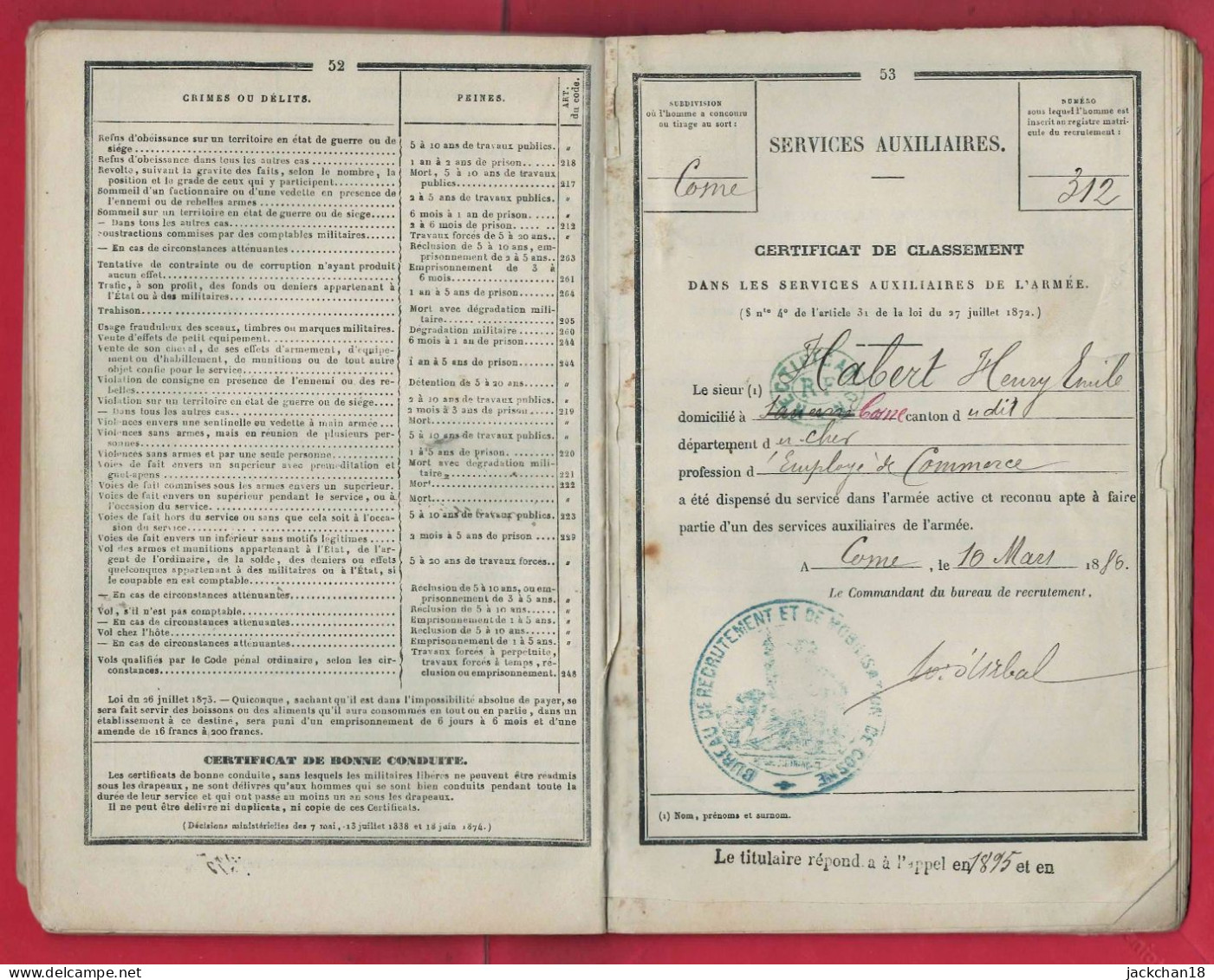 -- LIVRET MILITAIRE CLASSE 1874 / SERVICE AUXILIAIRE / COSNE (Nièvre) -- - Documents