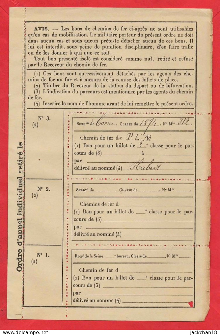 -- LIVRET MILITAIRE CLASSE 1874 / SERVICE AUXILIAIRE / COSNE (Nièvre) -- - Documents