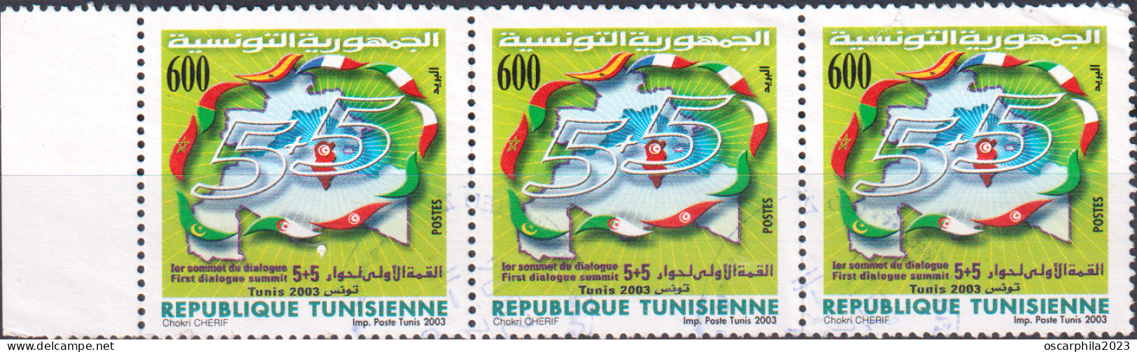 2003-Tunisie / Y&T 1502 - 1er Sommet Du Dialogue 5+5 - Tunis 2003 - Bande De 3 Obli - Francobolli