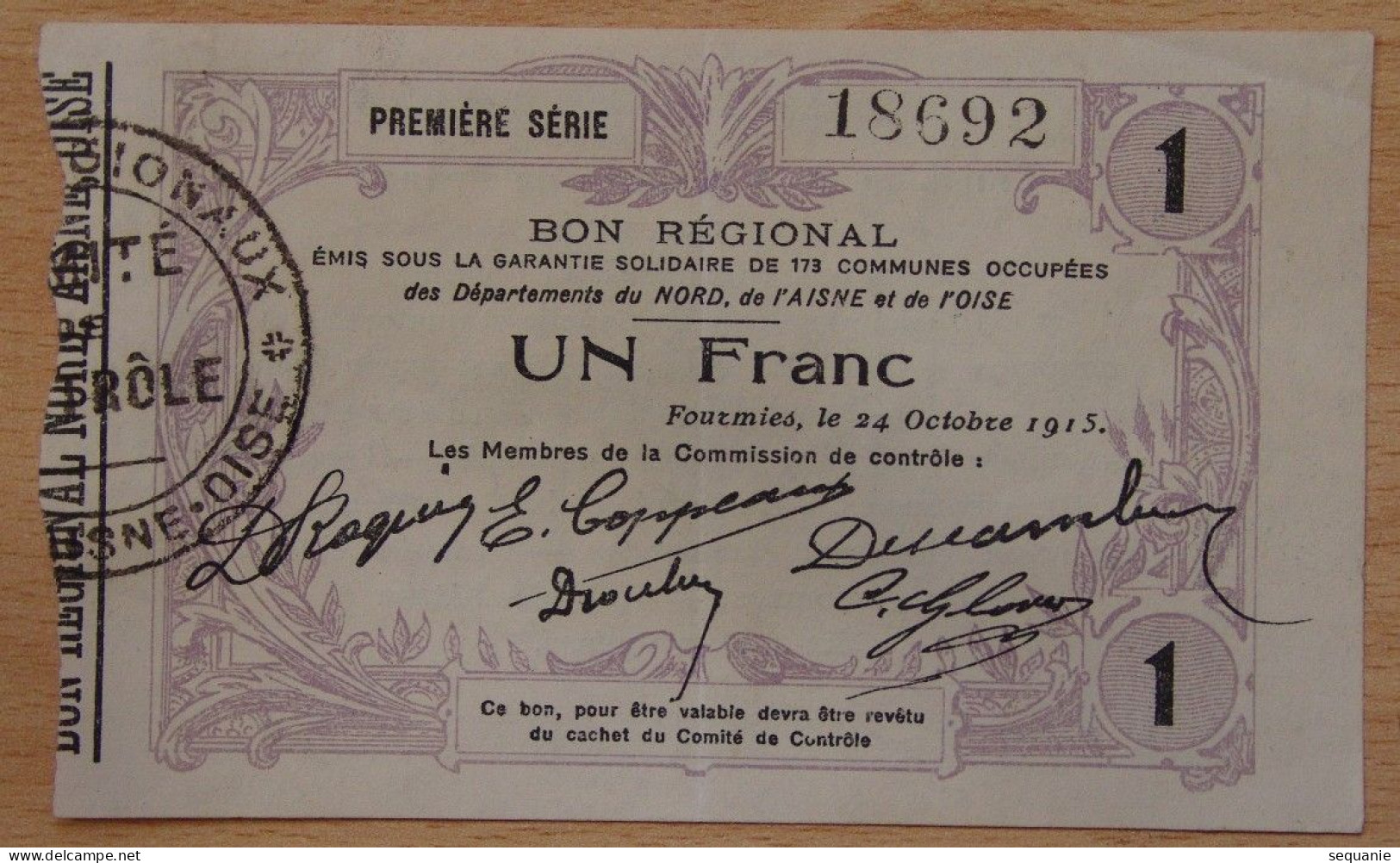 Nord - Aisne -Oise  (59-02-60) Bon Régional De 1 Franc Fourmies Le 24 Octobre 1915 - Notgeld