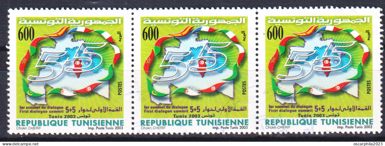 2003-Tunisie / Y&T 1502 - 1er Sommet Du Dialogue 5+5 - Tunis 2003 - Bande De 3 Obli - Tunisia (1956-...)