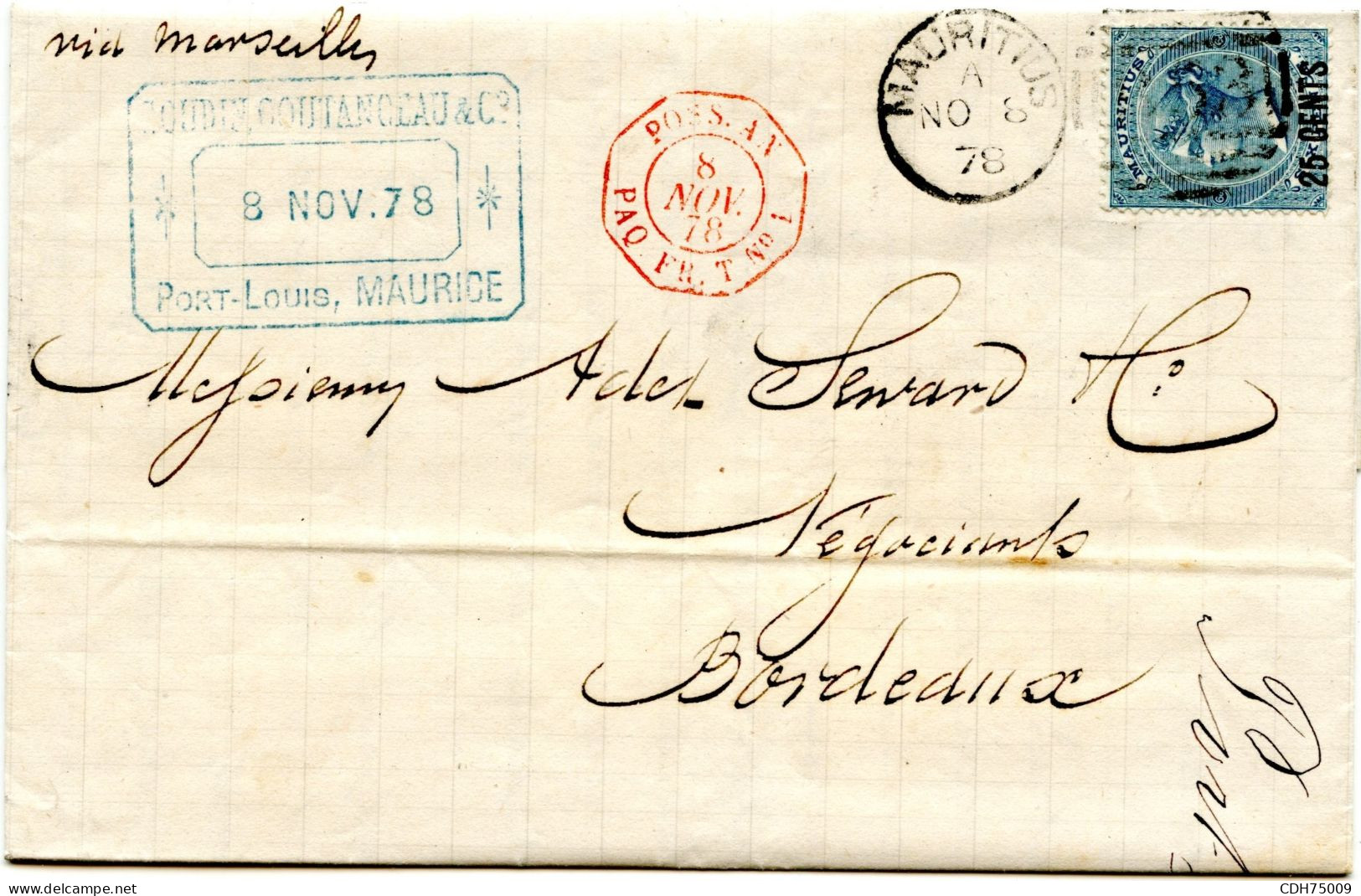 MAURICE - LETTRE DE MAURICE POUR BORDEAUX, 1878 - Mauritius (...-1967)