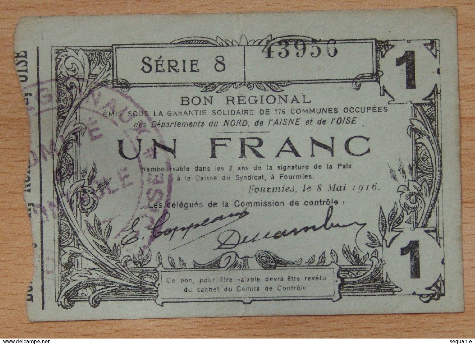 Nord - Aisne -Oise  (59-02-60) Bon Régional De 1 Franc Fourmies Le 08 Mai 1916 Série 8 - Bonds & Basic Needs