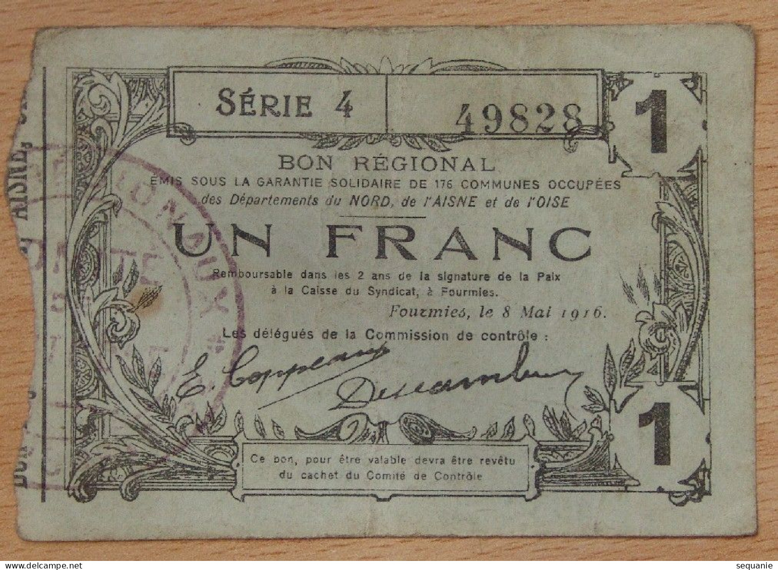 Nord - Aisne -Oise  (59-02-60) Bon Régional De 1 Franc Fourmies Le 08 Mai 1916 Série 4 - Bons & Nécessité