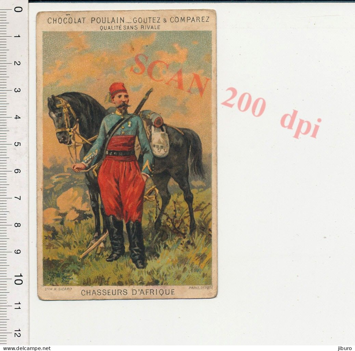 Image Chromo Ancienne Chocolat Poulain Chasseurs D'Afrique Cavalerie Cheval Armée Française Uniforme Lithographie Sicard - Poulain