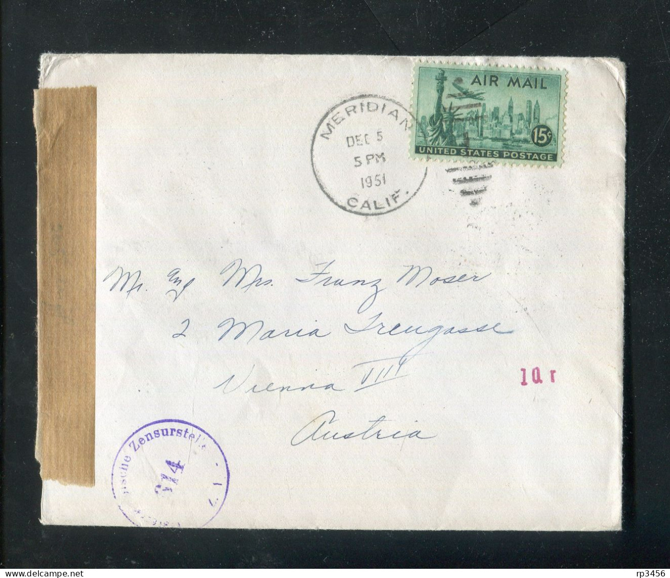 "USA" 1951, Brief Mit "ZENSUR" (Oesterreichische Zensurstelle) Ex Meridien Nach Wien (R1066) - Briefe U. Dokumente