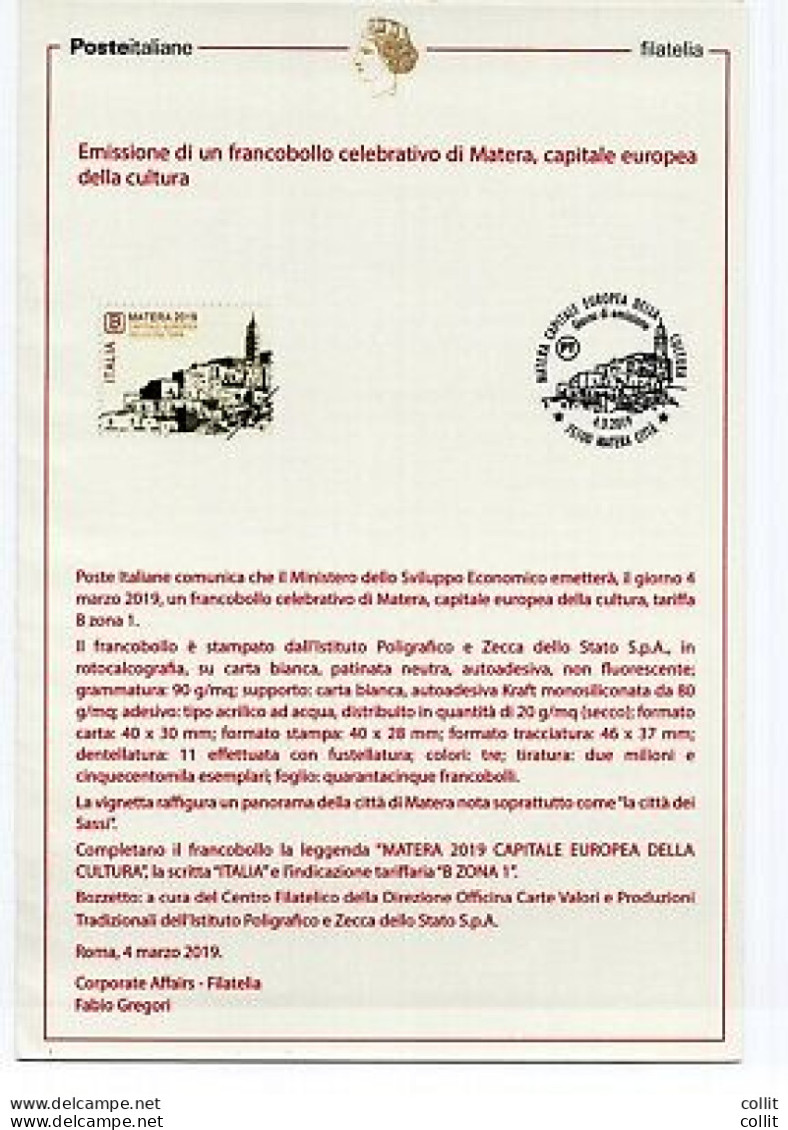 Bollettino Illustrativo Edizione Omaggio - Matera Capitale Della Coltura - Geschenkheftchen