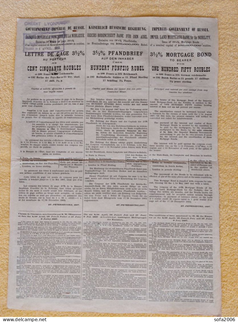 3 1/2 % MORTGAGE BOND.IMPER.LAND MORTGAGE-BANK. IMPERIAL GOVERNMENT OF RUSSIA.1897.St- Petersburg. - Rusia