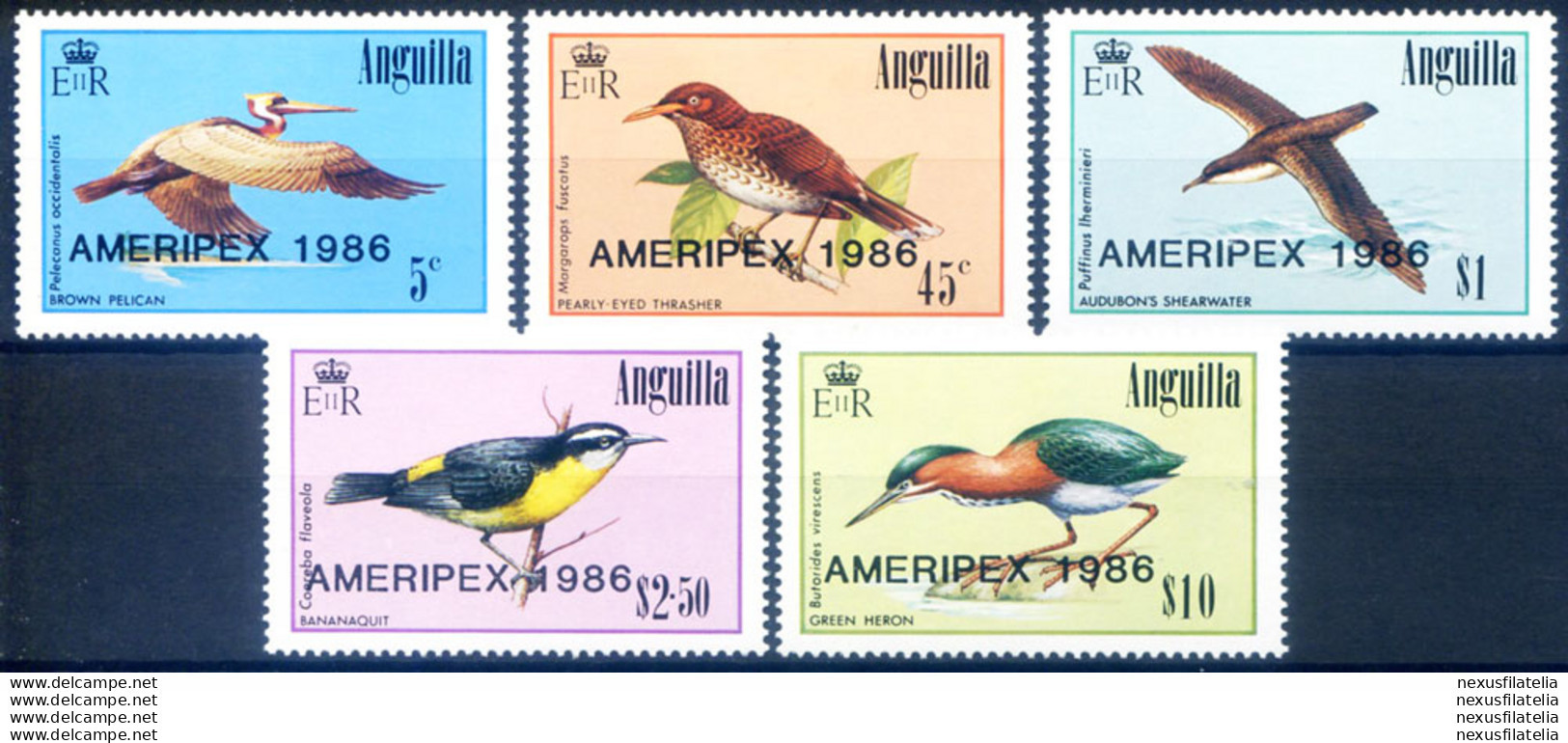 "Ameripex '86". Uccelli, Soprastampati. - Anguilla (1968-...)