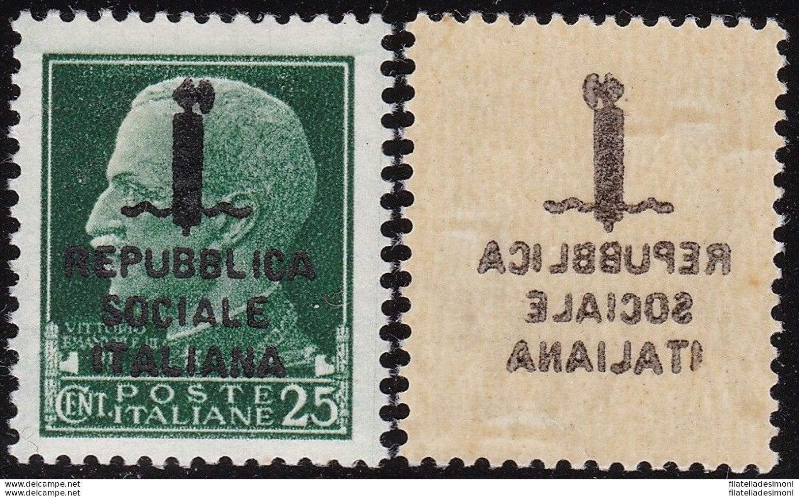 1944 RSI, N° 491s 25 Cent. Verde MNH/** DECALCO - Other & Unclassified