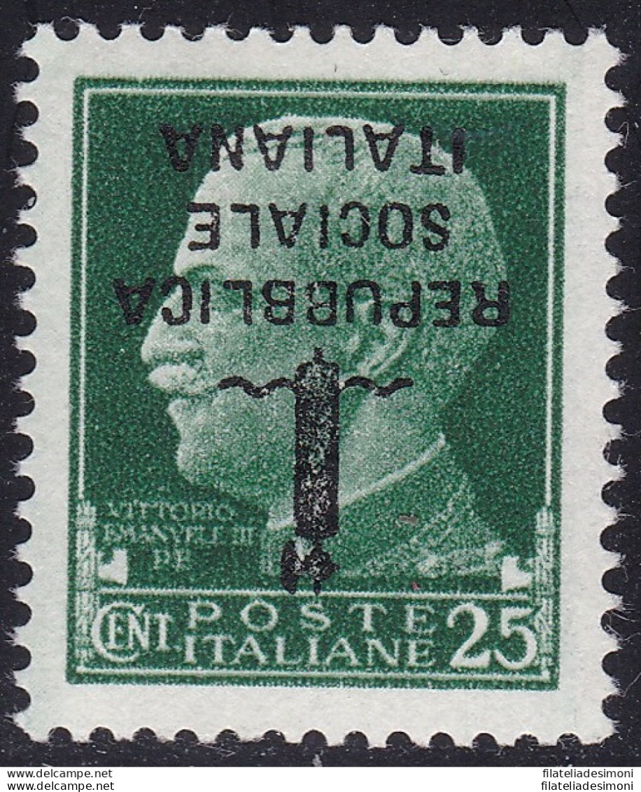 1944 RSI, N° 491a 25 Cent. Verde MNH/** SOVRASTAMPA CAPOVOLTA - Altri & Non Classificati