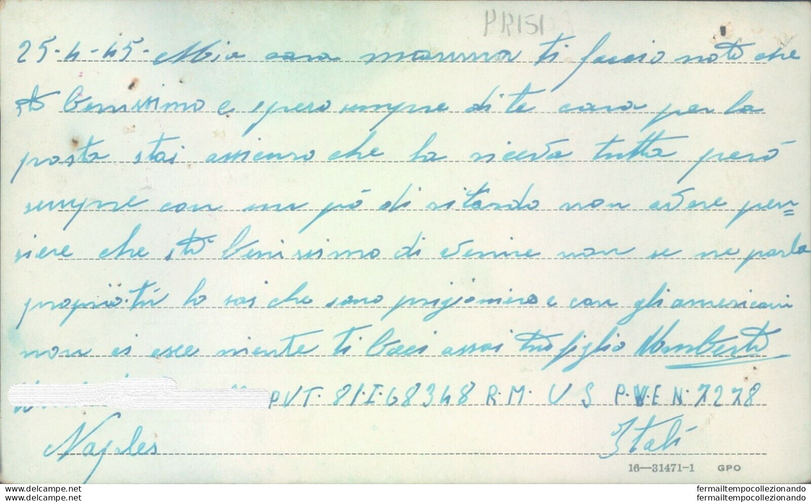 Pr151 -napoli Prigioniero Di Guerra Negli Stati Uniti Scrive Alla Mamma  1943 - Franchigia