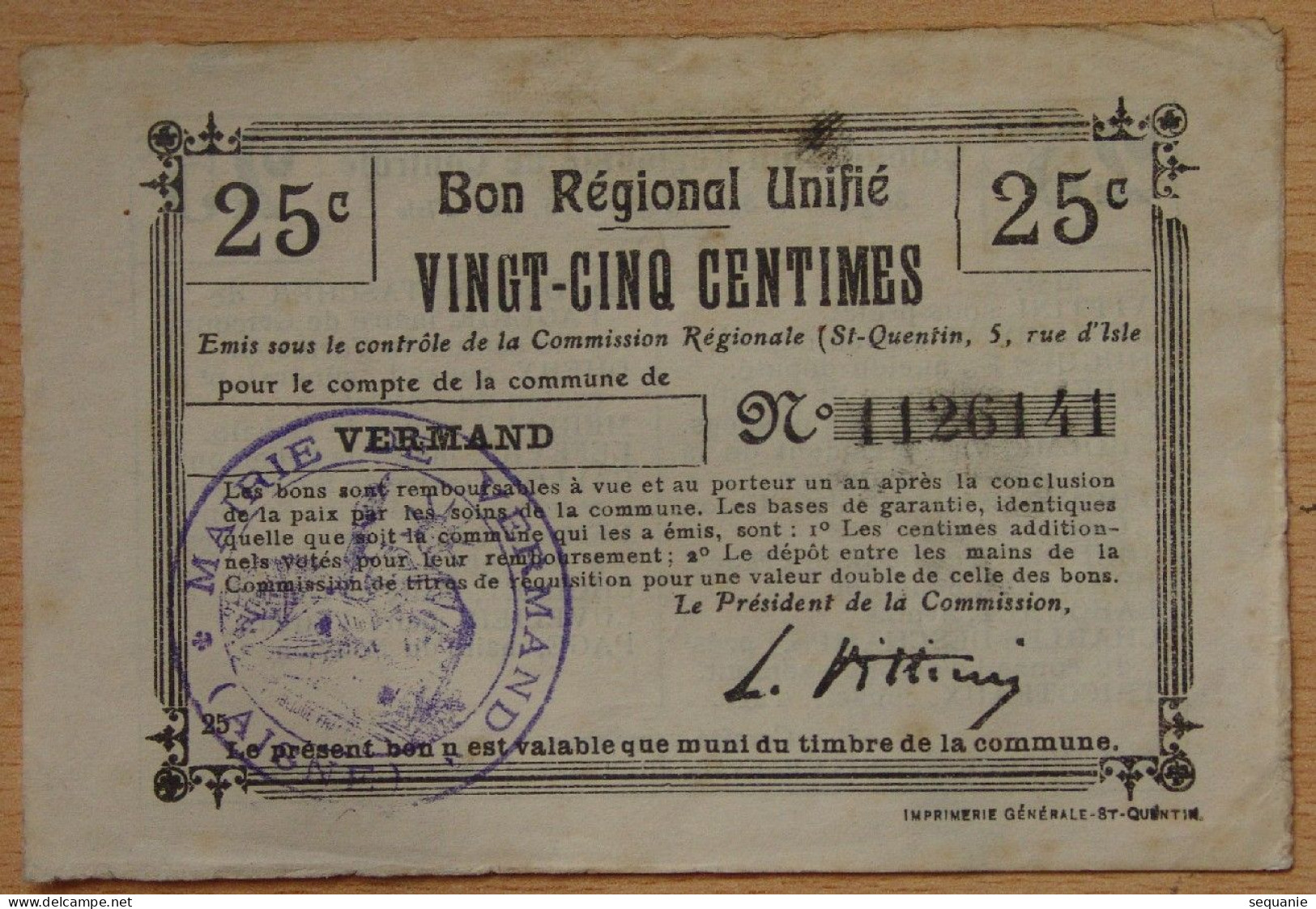 Aisne  (02)  VERMAND Bon Régional Unifié De 25 Centimes - Bons & Nécessité