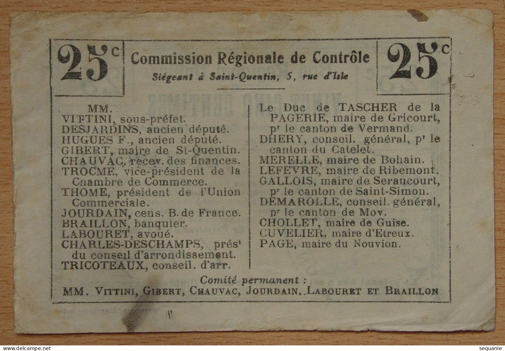 Aisne  (02)  VERMAND Bon Régional Unifié De 25 Centimes - Buoni & Necessità