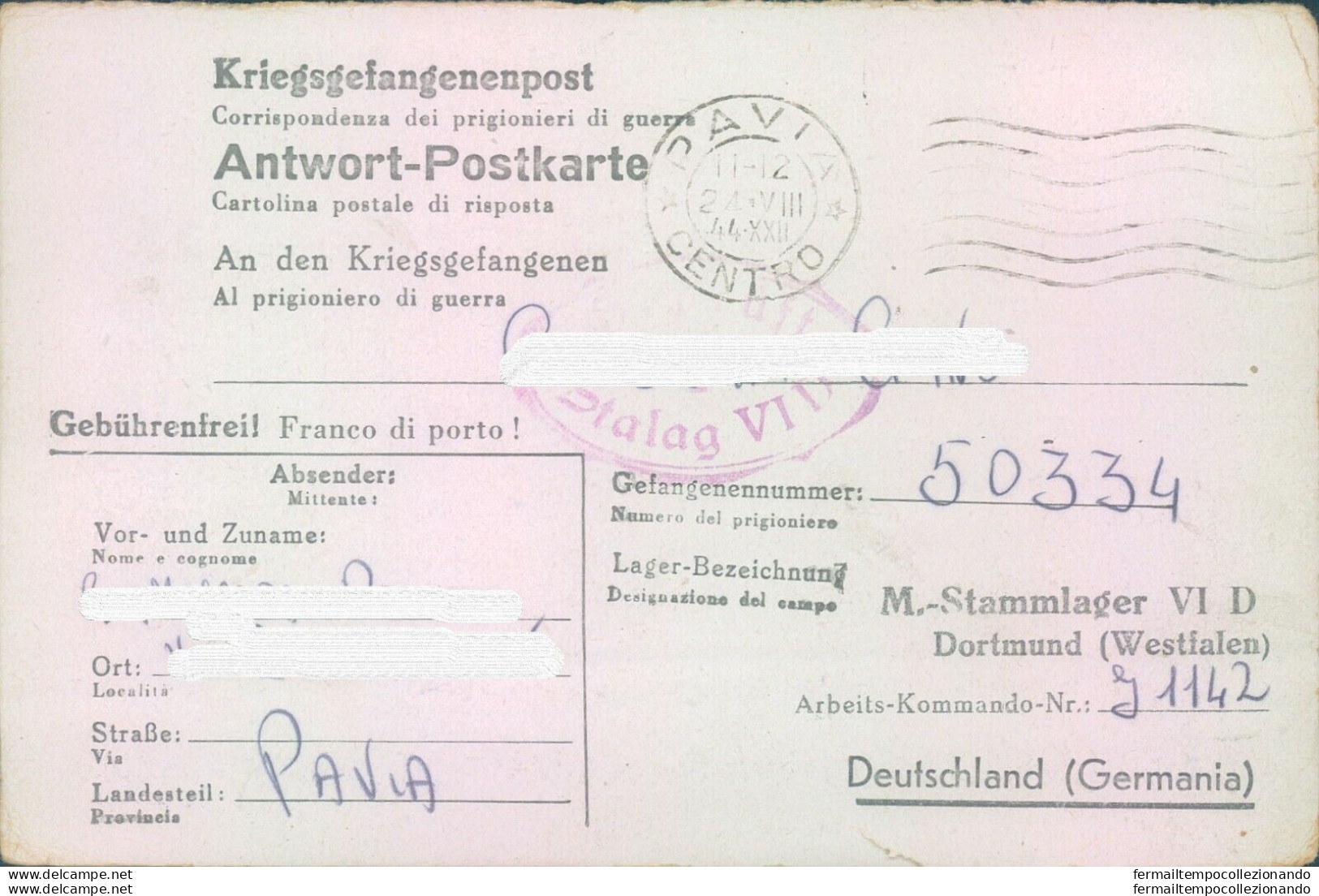 Pr64-pavia  Prigioniero Di Guerra In Germania Scrive Alla Sua Famiglia 1944 - Portofreiheit