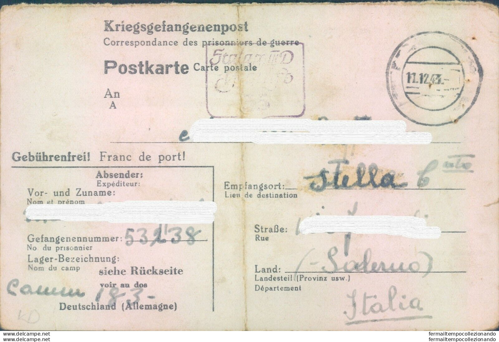 Pr84 Stella Cilento   Prigioniero Di Guerra In Germania Scrive Al Padre 1943 - Franchise