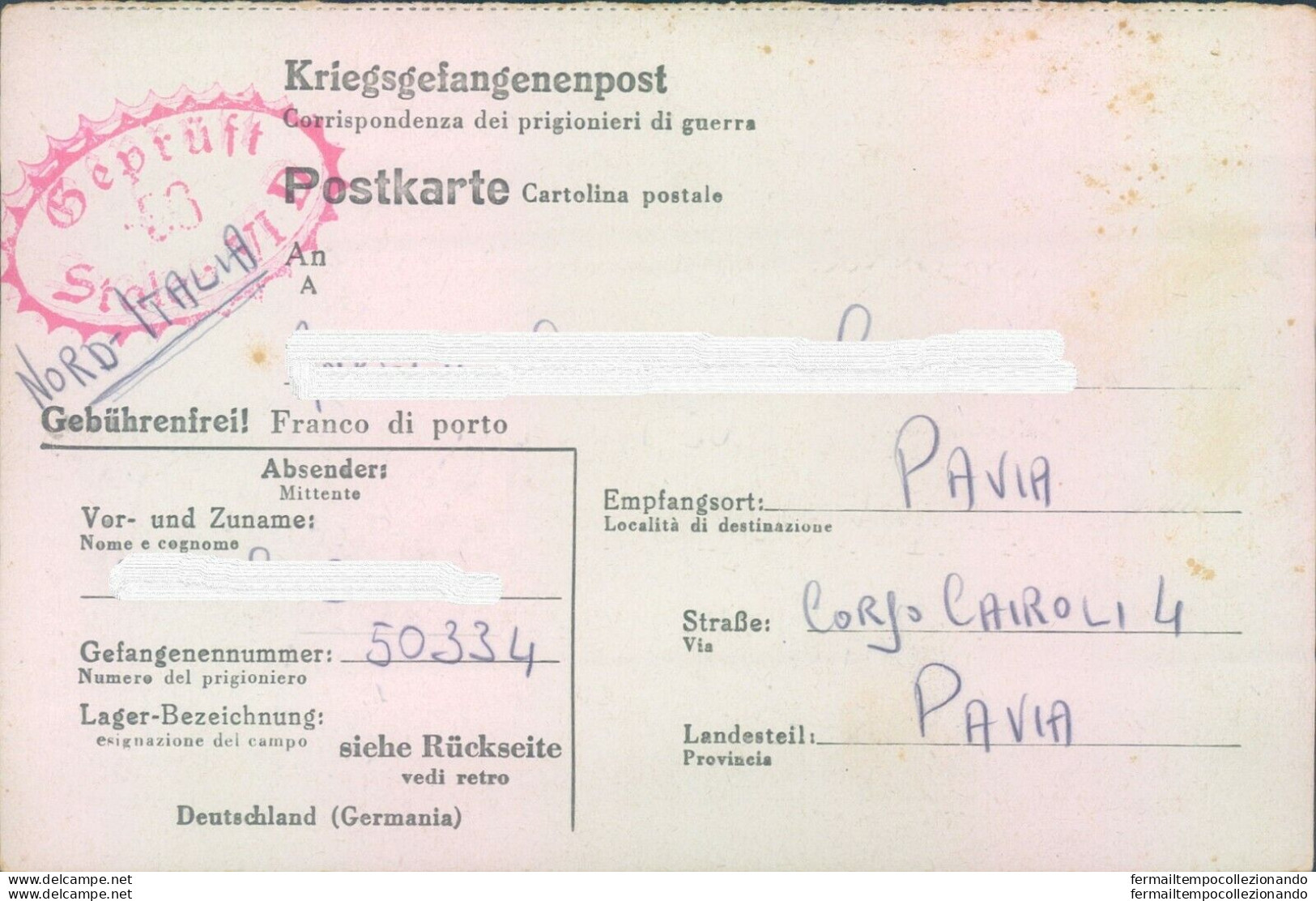 Pr61-pavia  Prigioniero Di Guerra In Germania Scrive Alla Sua Famiglia 1944 - Franchise