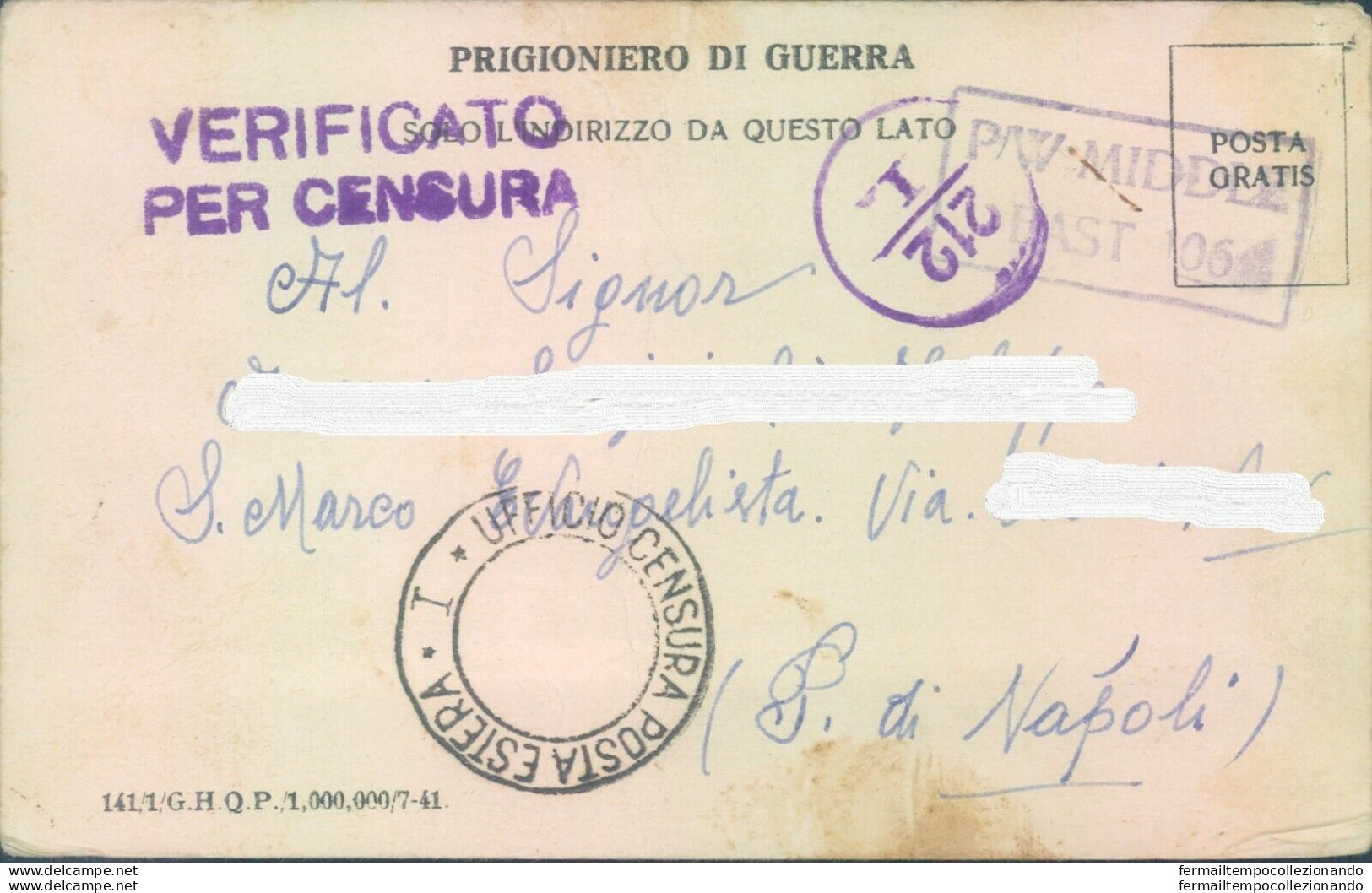 Pr94 -s.marco Evangelista Prigioniero Di Guerra In Egitto Scrive A Genitori 1942 - Franchise