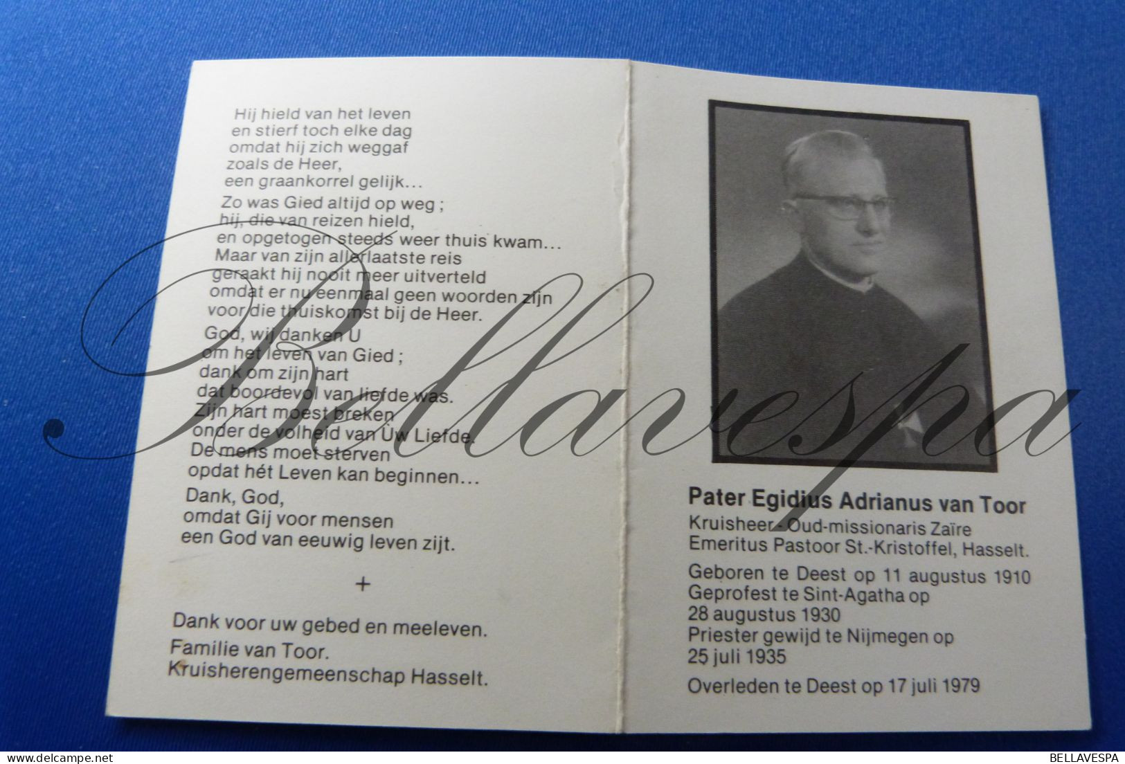 Pater Adrianus Van Toor Kruisheer Missie Congo Pastoor St Kristoffel Hasselt Deest 1910 Priester Nijmege  1979 - Todesanzeige
