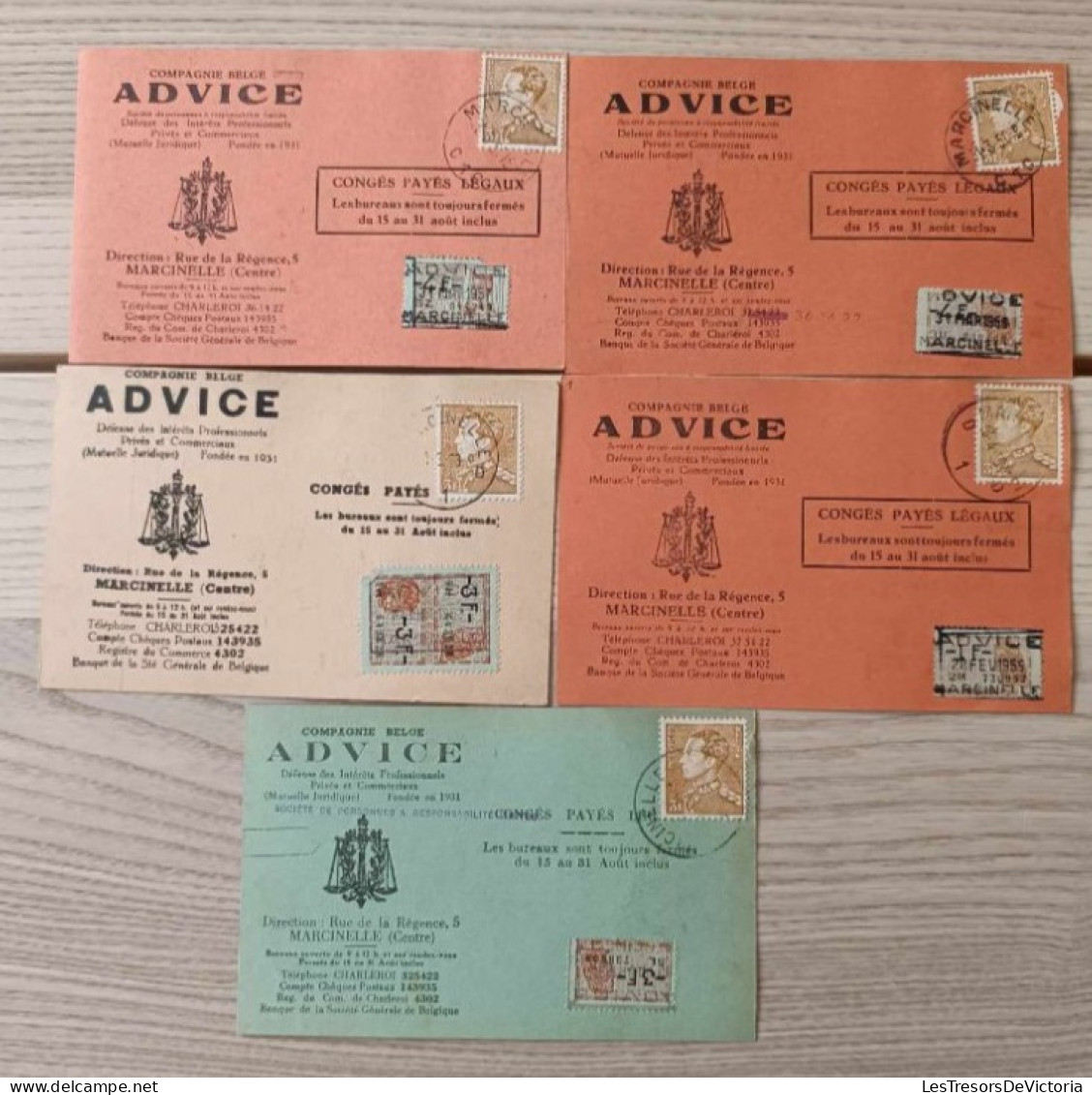 Lot De 5 Cartes Congés Payés Légaux - Advice - Marcinelle - De 1952à 1957 - Dirkes Ignace - Bills Of Exchange