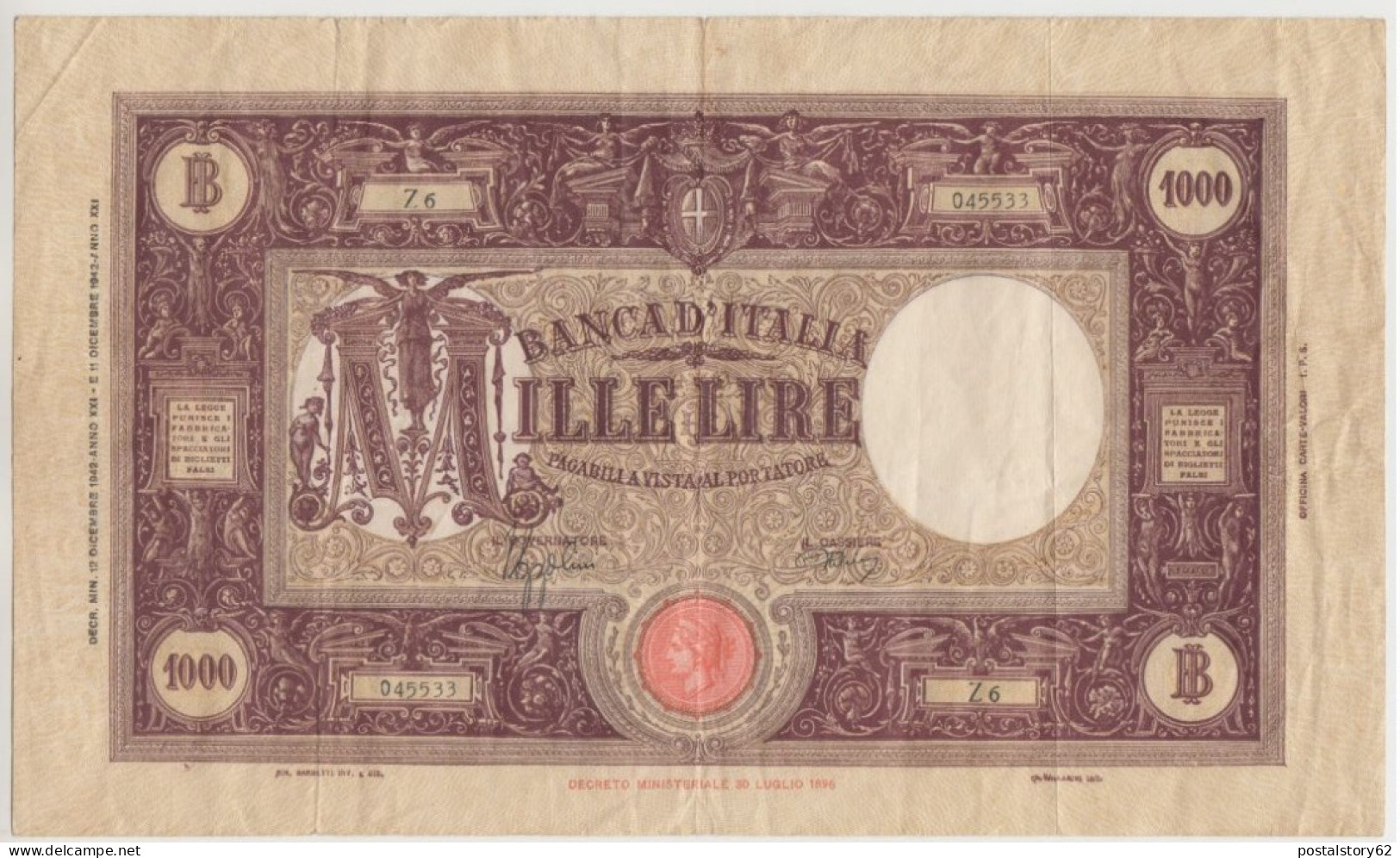 Regno D'Italia, Lire 1000 Grande " M " Testina Fascio II° Tipo. Dec. 12/12/1942 Rara. Pieghe Ma Integra E Fresca . - 1000 Lire