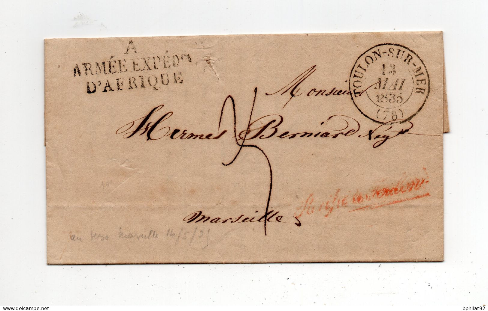 !!! ALGERIE, CACHET ARMEE EXPEDITIONNAIRE D'AFRIQUE A SUR LETTRE D'ALGER DE 1835, AVEC TEXTE - Army Postmarks (before 1900)