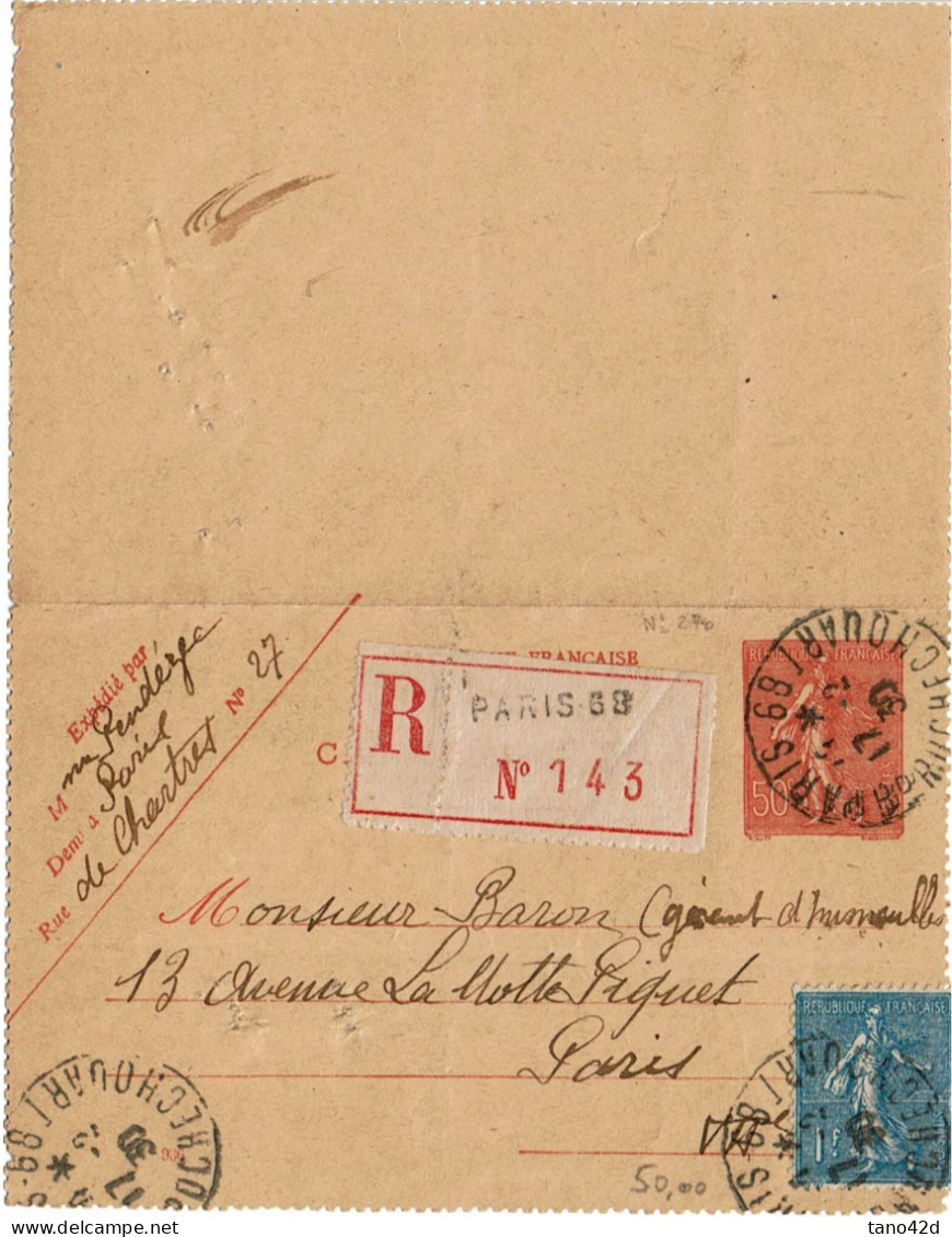 CTN89-2 - FRANCE CARTE LETTRE SEMEUSE LIGNEE 50c + TPM 1f RECOMMANDEE PARIS X VILLE 17/2/1930 - Kaartbrieven